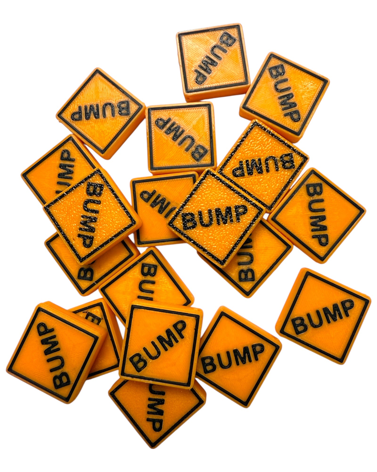 Orange square signs kandi beads with 'BUMP' text on a white background