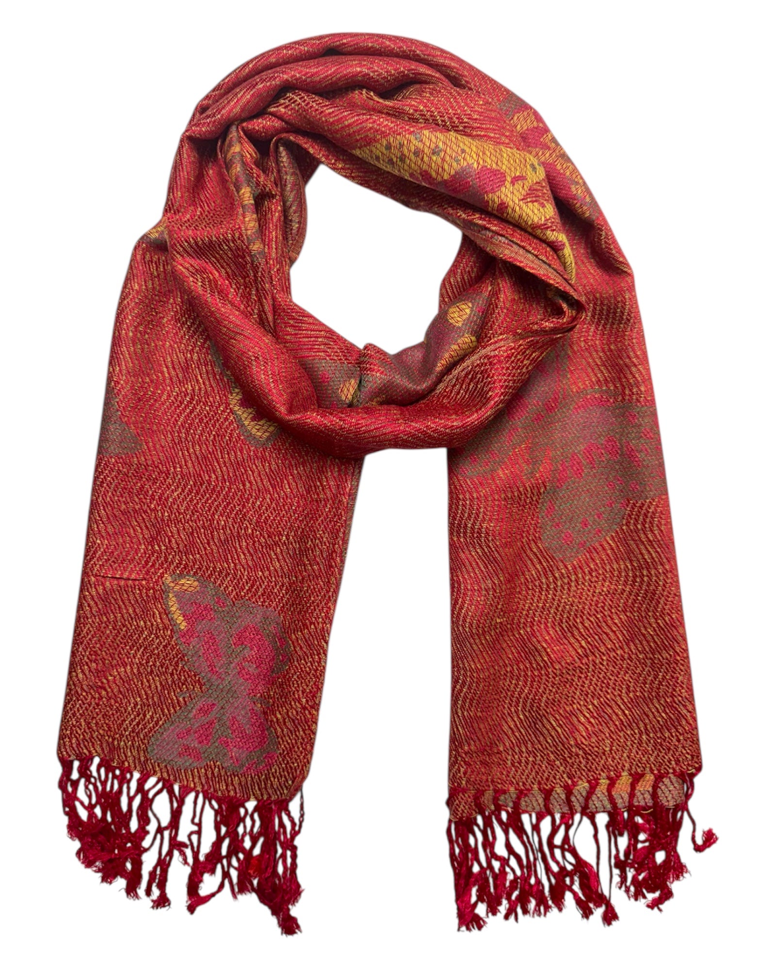Red patterned scarf with butterfly print and red fringes on a white background