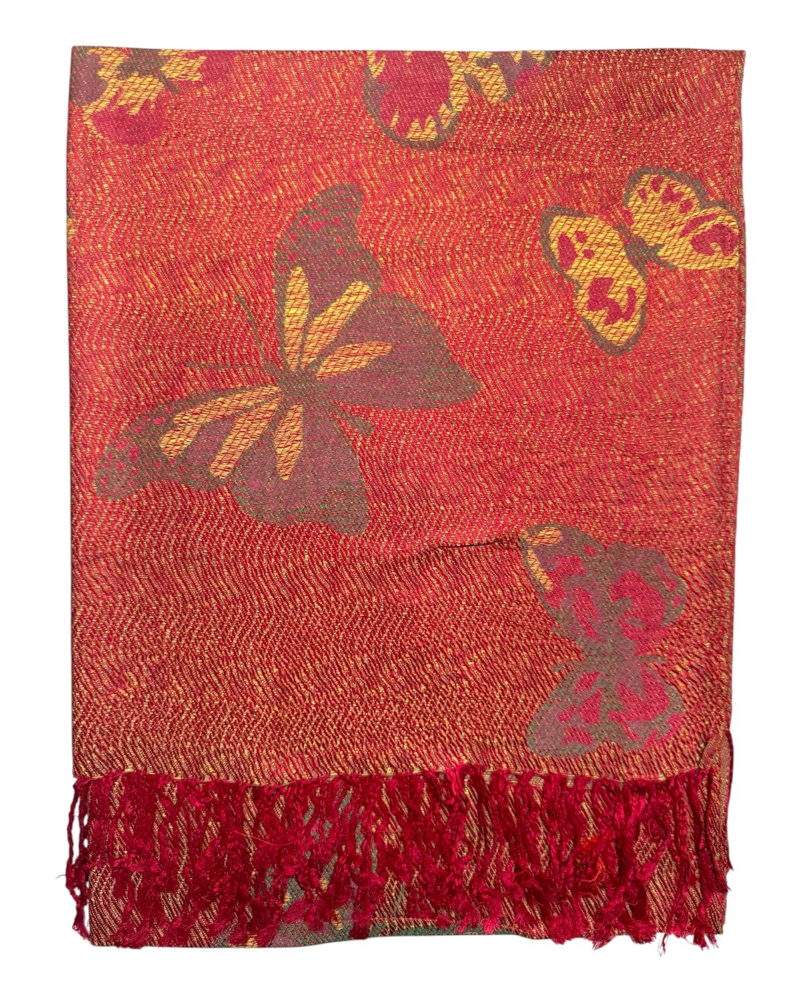 Red patterned scarf with butterfly print and red fringes folded in half on a white background