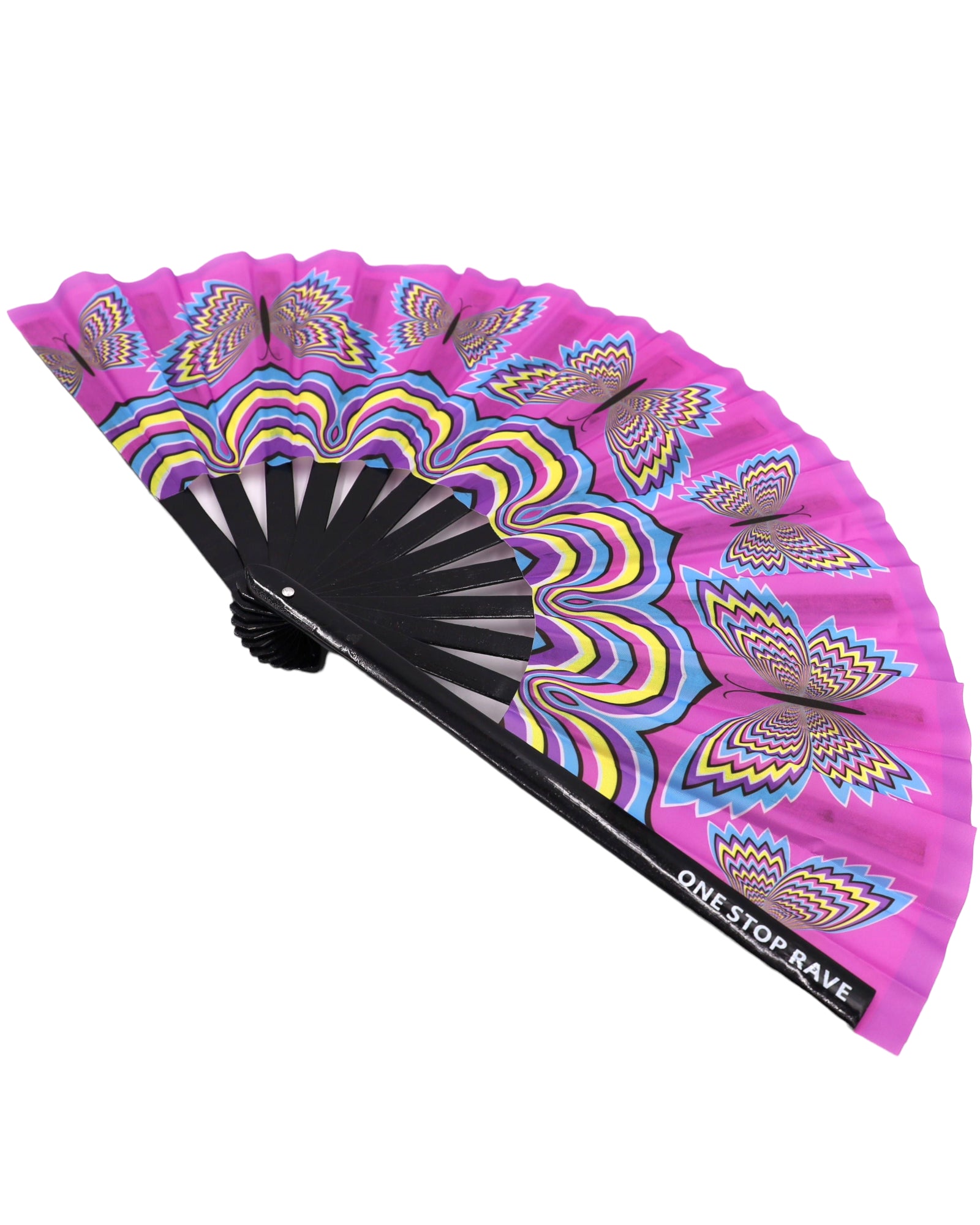 Butterfly Trip hand fan angled view pink butterfly pattern