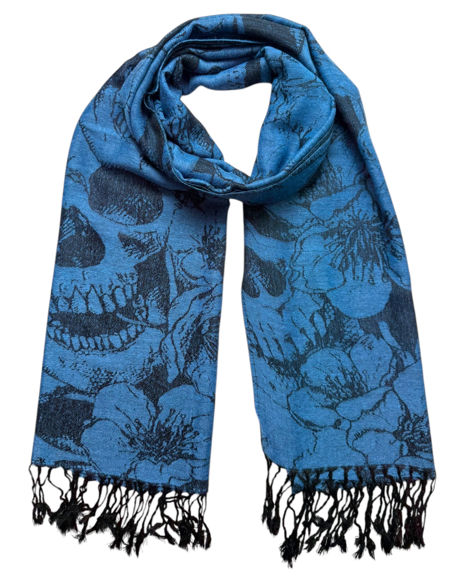 Blue scarf with black skull and floral pattern on a white background