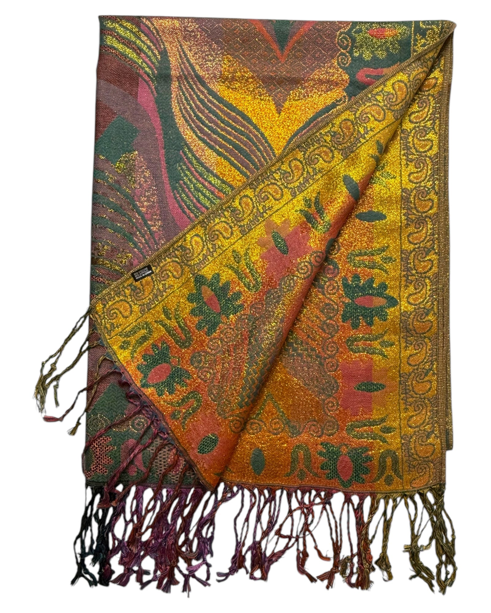 A reversible pashmina scarf with one side showcasing deep green and gold colors with floral and geometric patterns, and the reverse side glowing with golden hues.