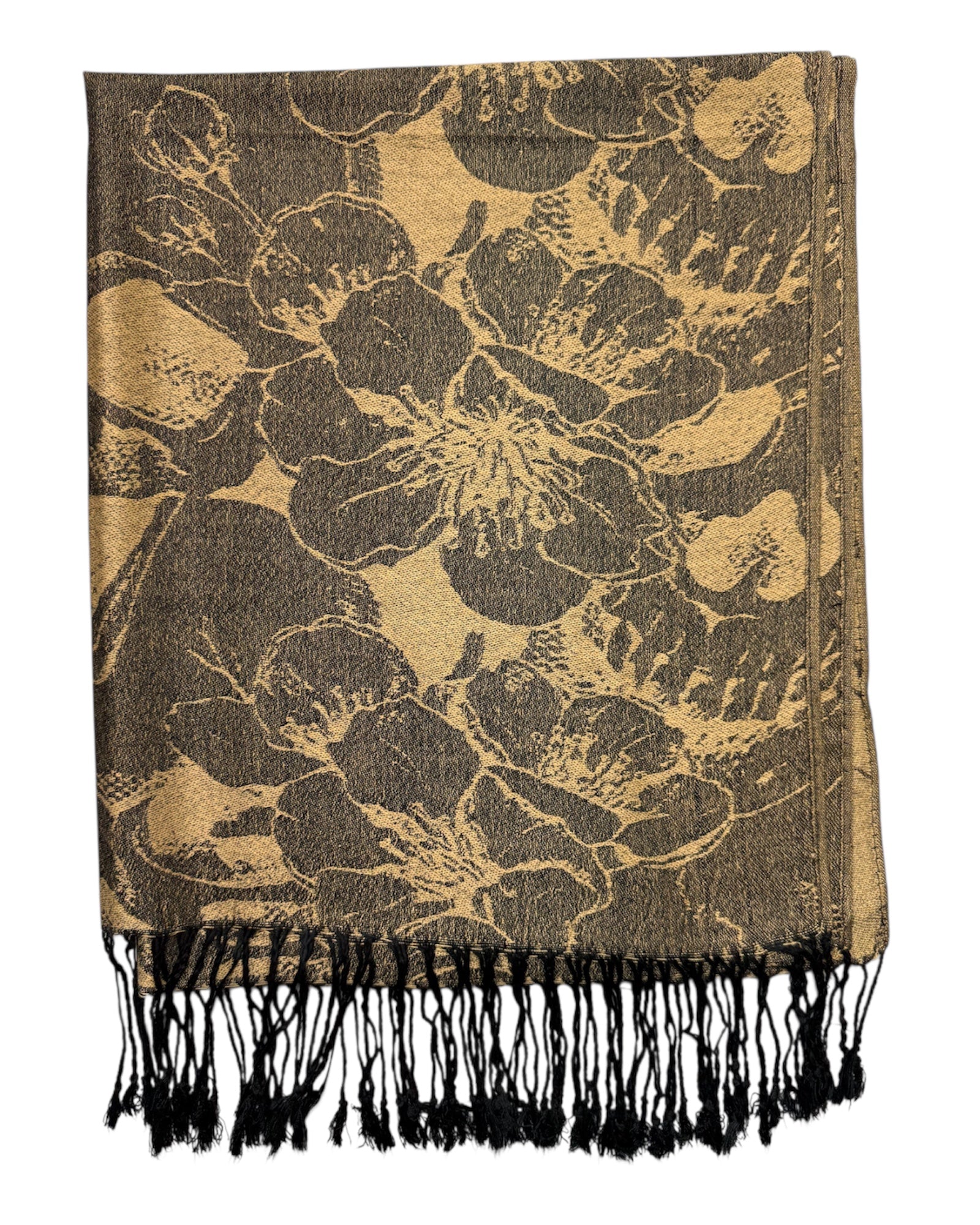 Floral patterned throw blanket with black fringes on a white background
