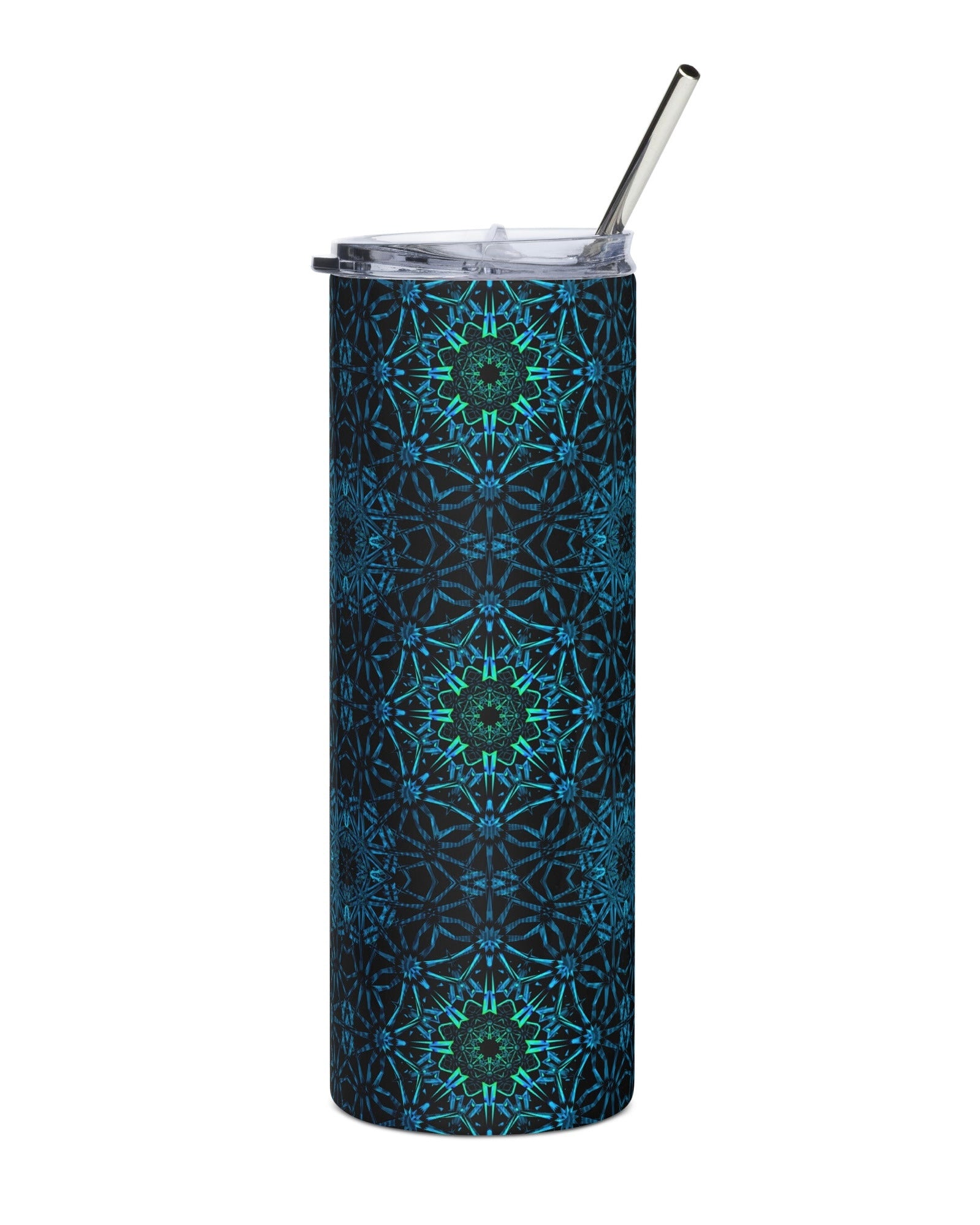 UV-Printed Tumbler with black, green, and blue trippy print with lid and straw