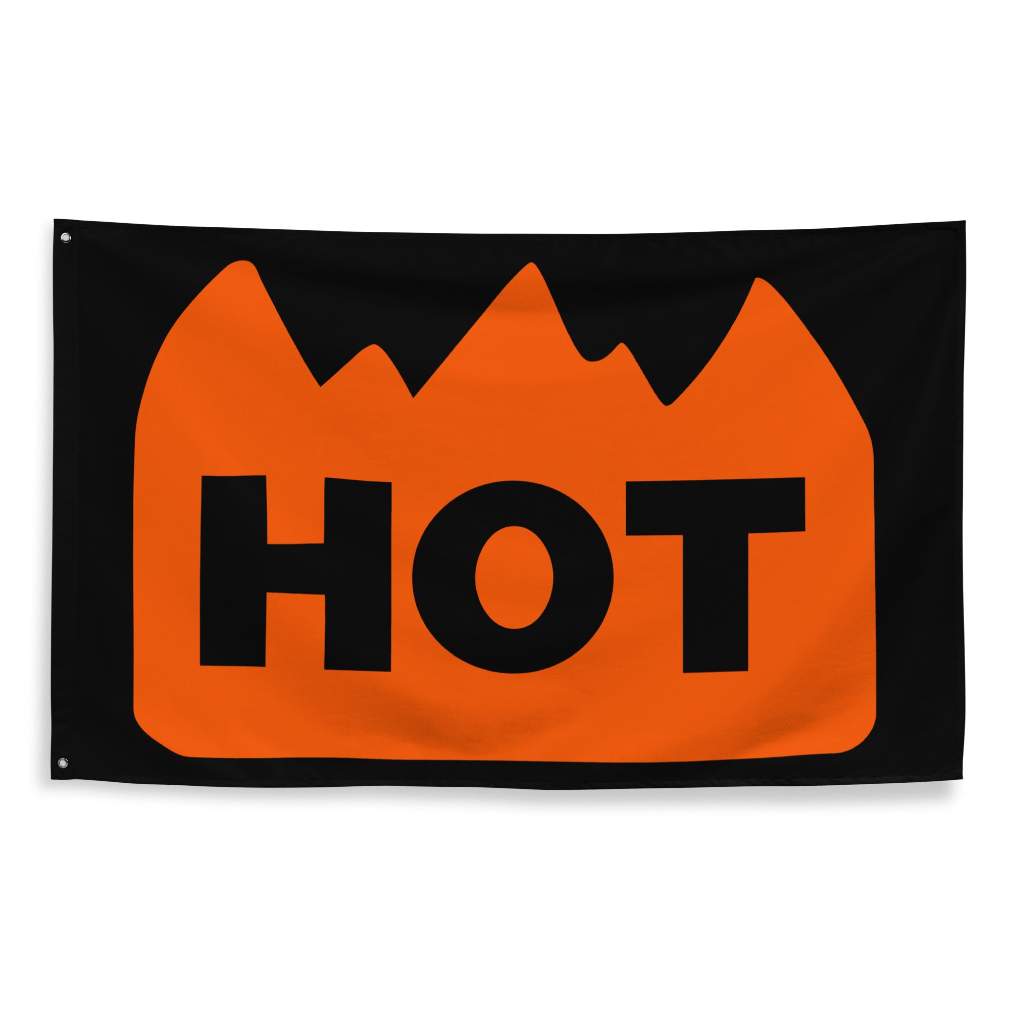 Front view of the flame-shaped HOT festival sticker flag.