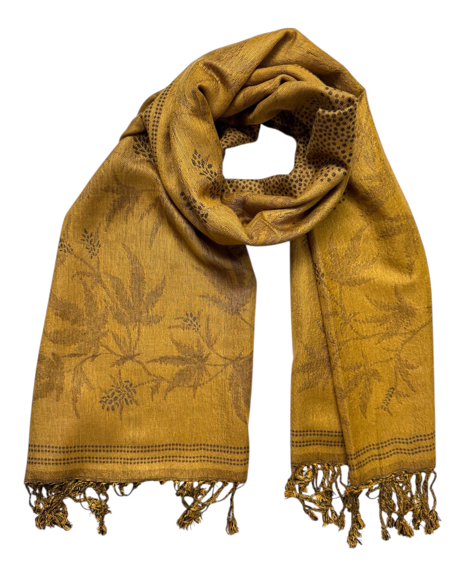 Brown scarf with gold leaf patterns and fringes on a white background