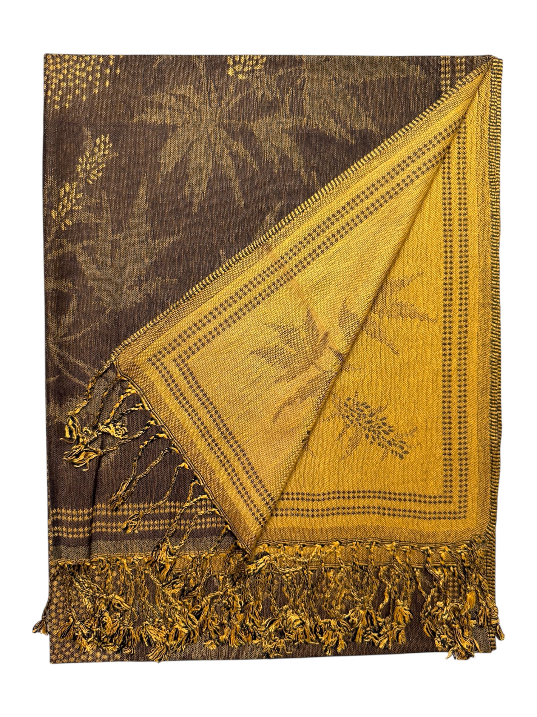 Brown scarf with gold leaf patterns and fringes on a white background