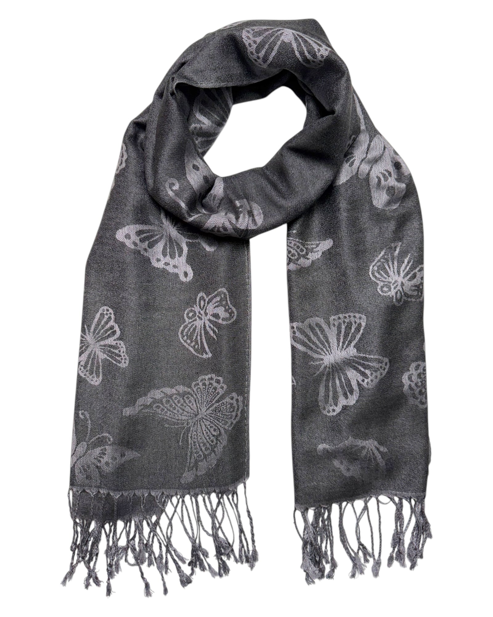 A gray reversible pashmina scarf with a butterfly pattern, fringed ends, and a lightweight fabric.