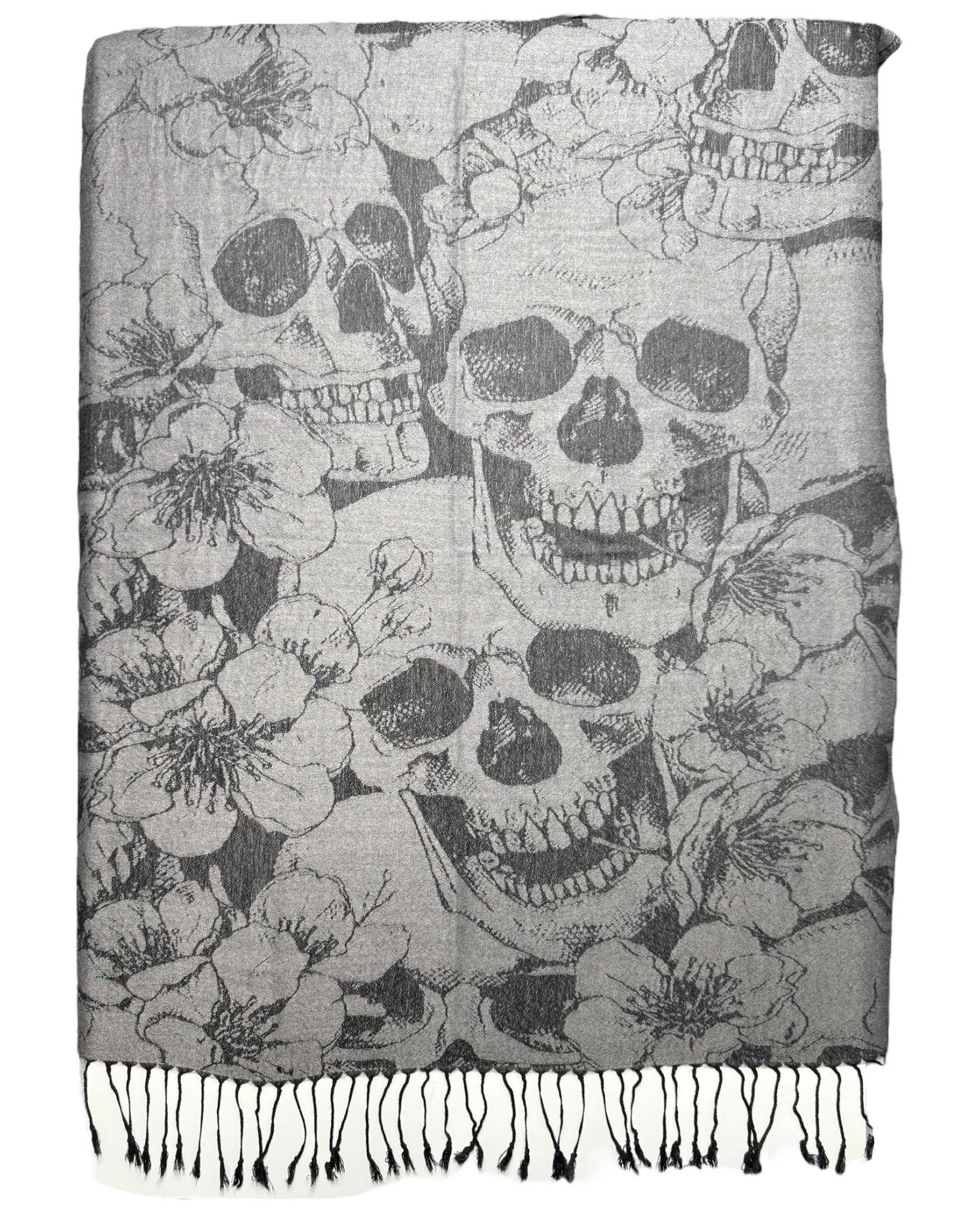 Scarf with skull and floral pattern on a white background