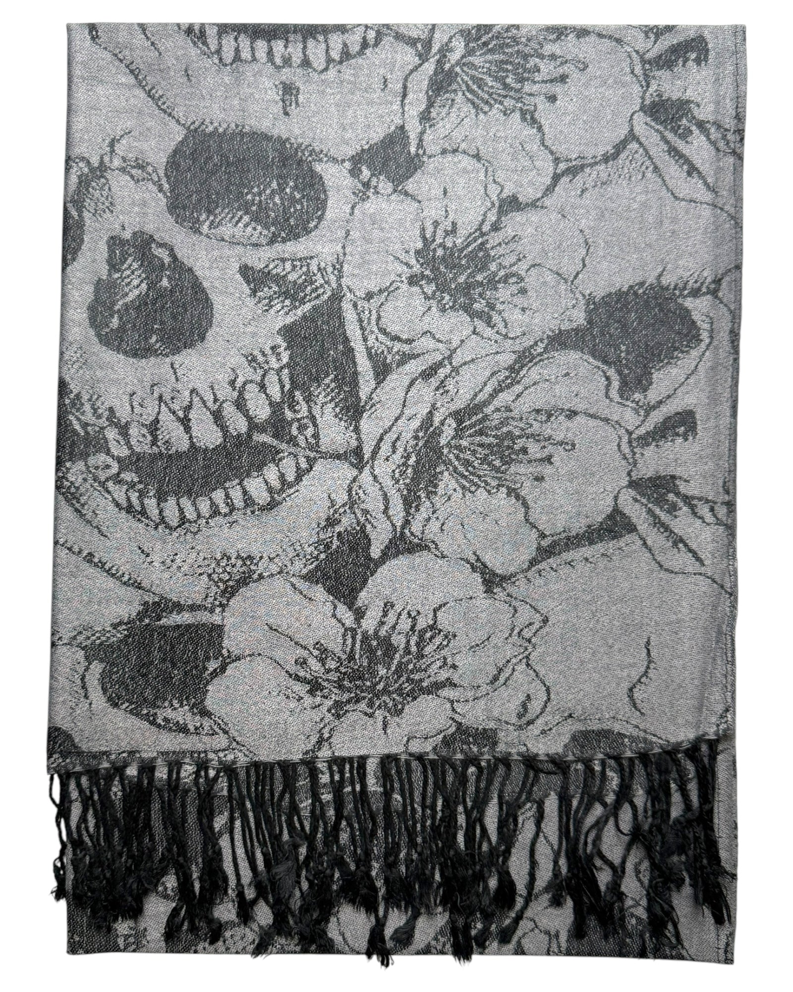 Scarf with skull and floral design on a gray background