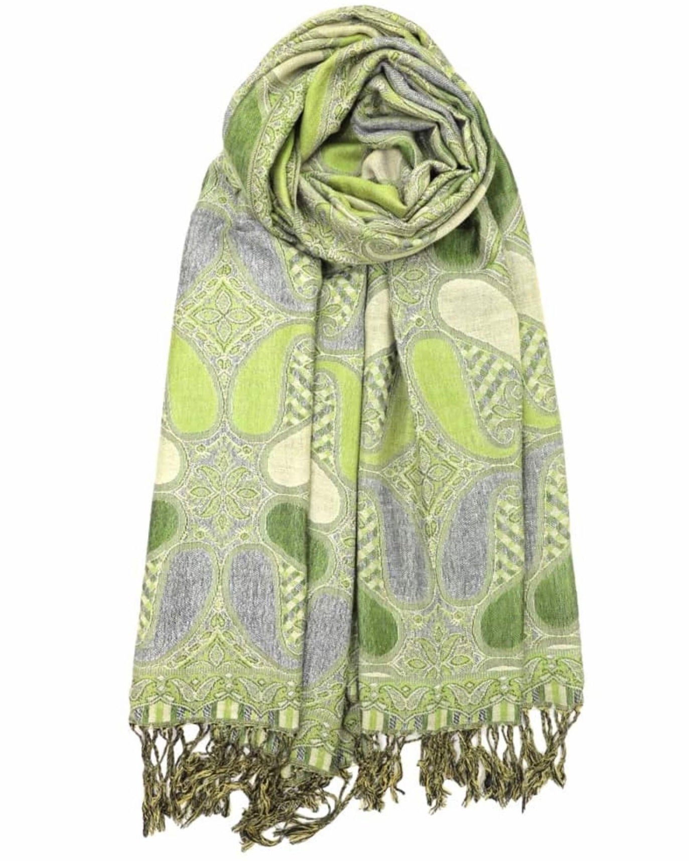 A green and paisley patterned pashmina draped around a mannequin with fringes at the bottom.