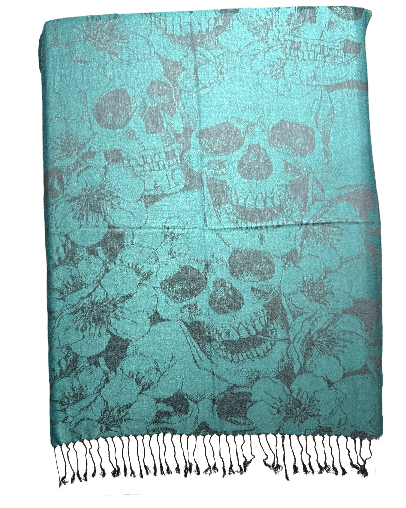 Teal scarf with skull and floral pattern on a white background