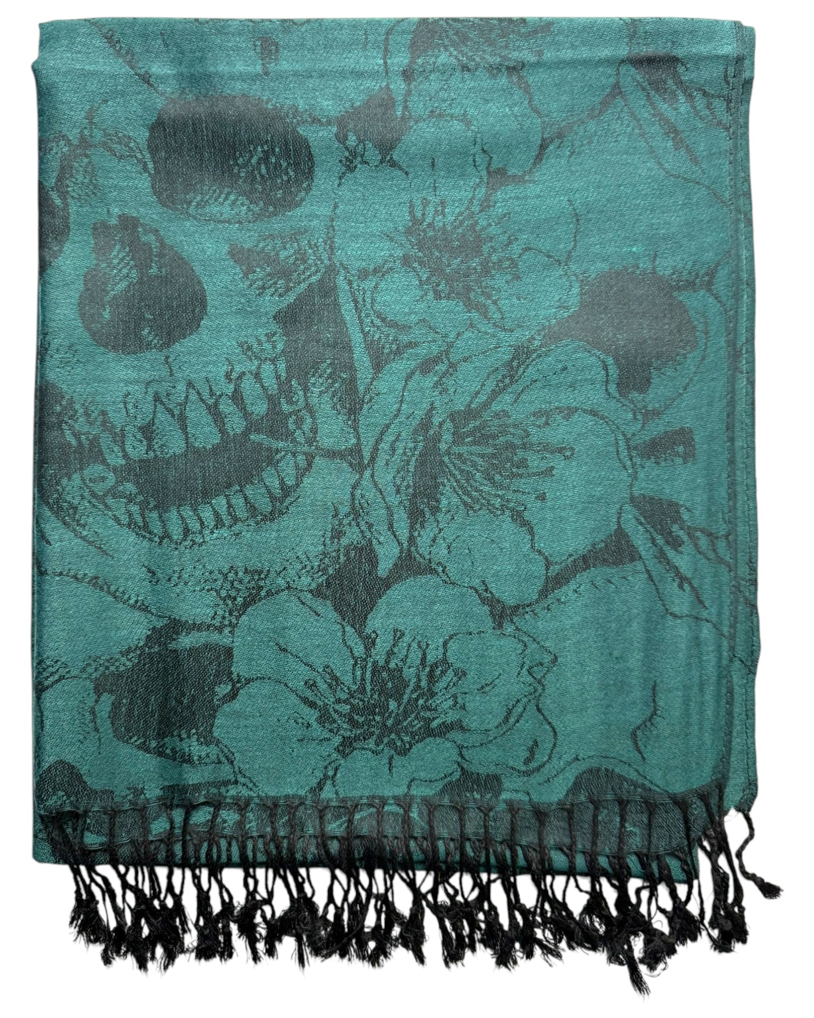 Green scarf with black skeleton design on a white background