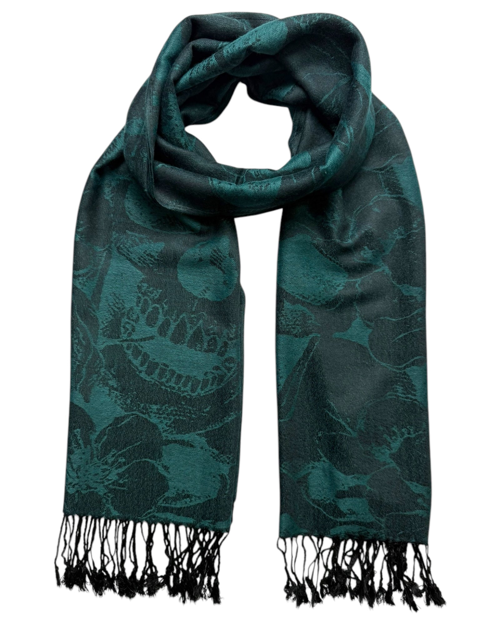 Green scarf with black leaf pattern and fringes on a white background