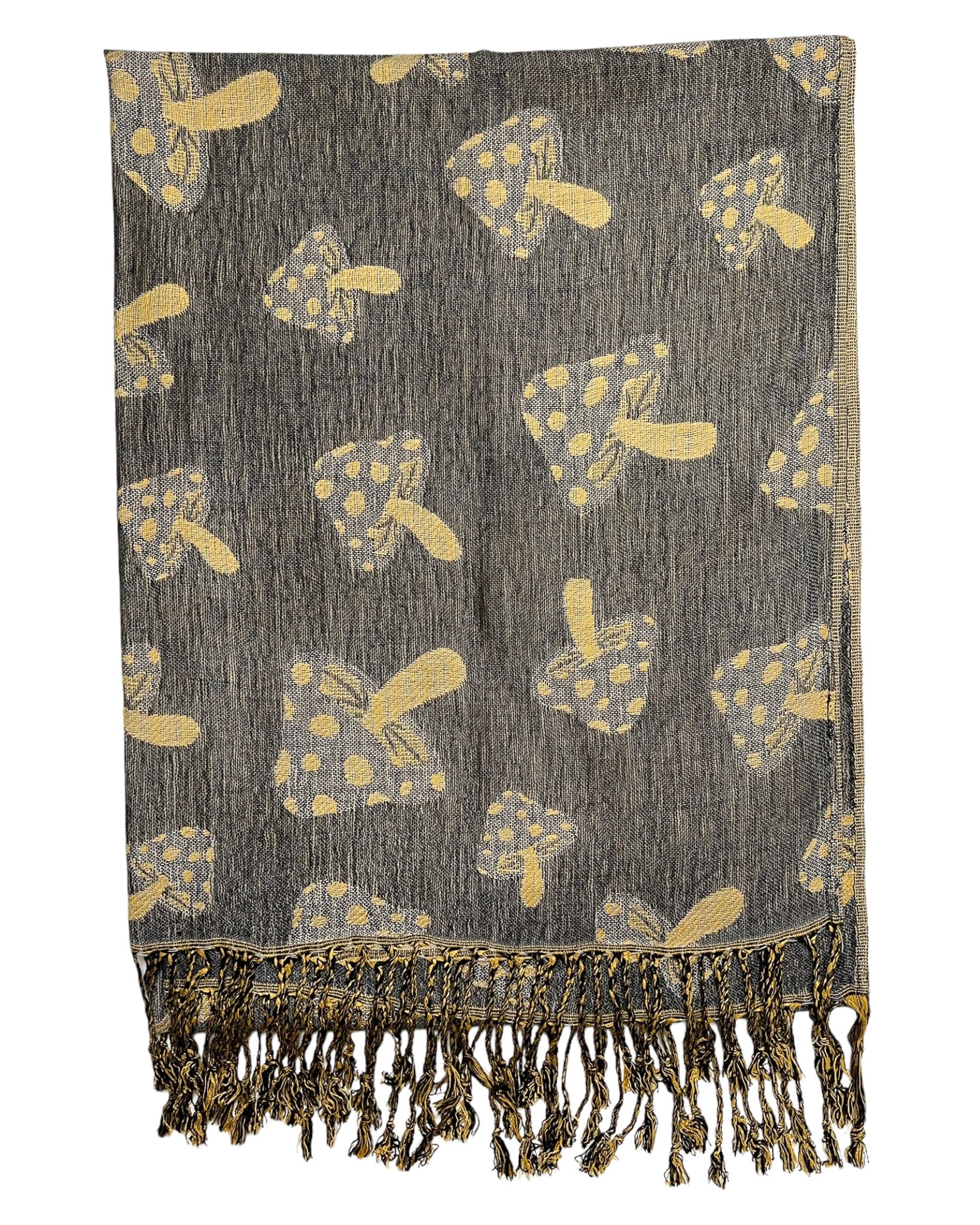 A grey and tan reversible pashmina with a mushroom pattern, fringes on the ends, and a silky texture.