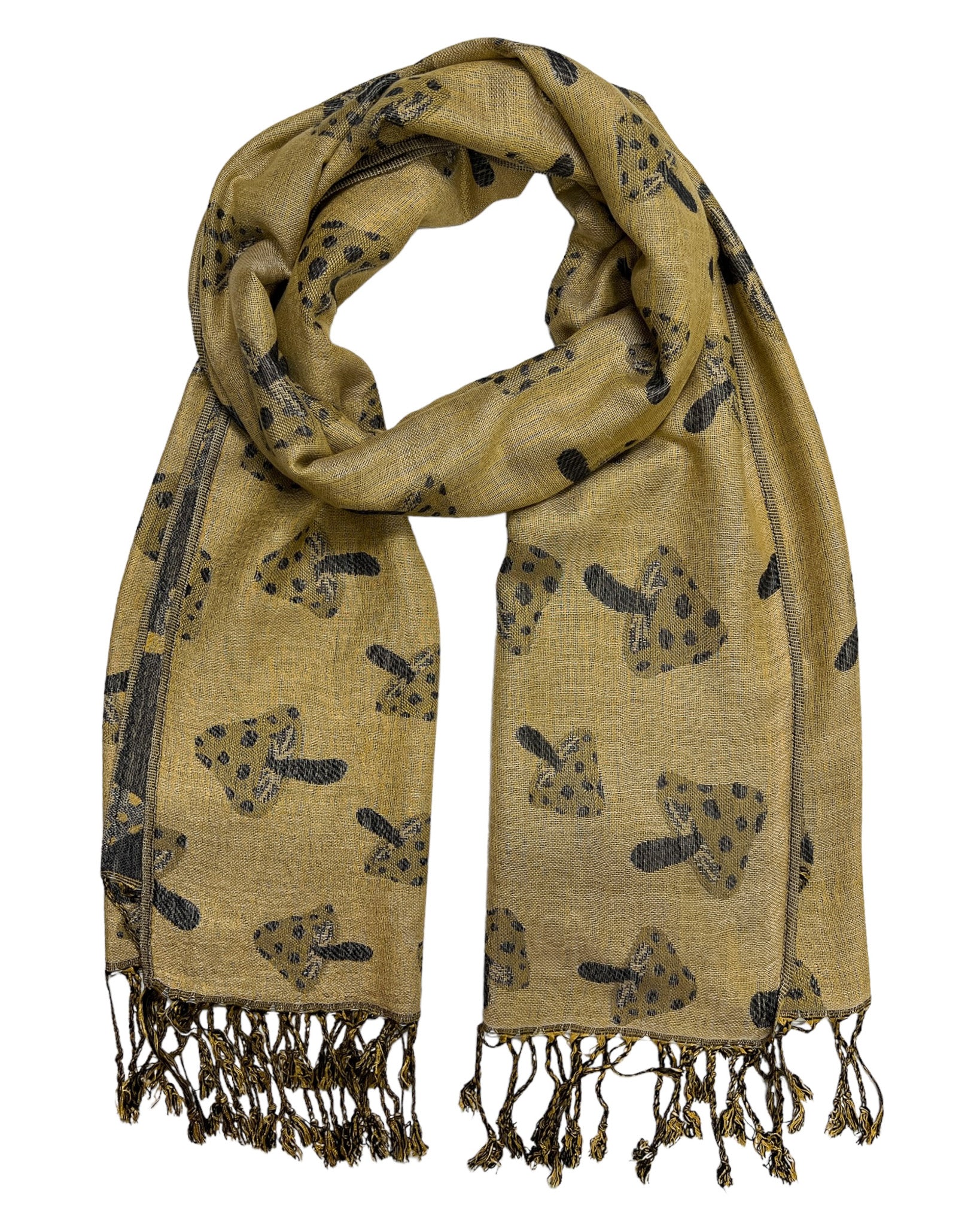 A grey and tan reversible pashmina with a mushroom pattern, fringes on the ends, and a silky texture.