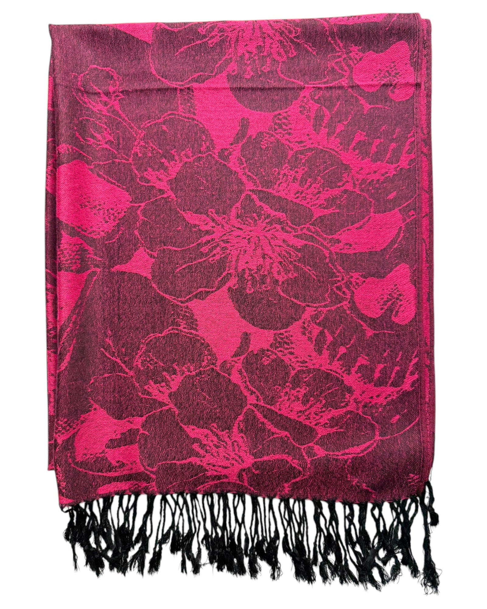 Floral patterned scarf with black fringes on a white background