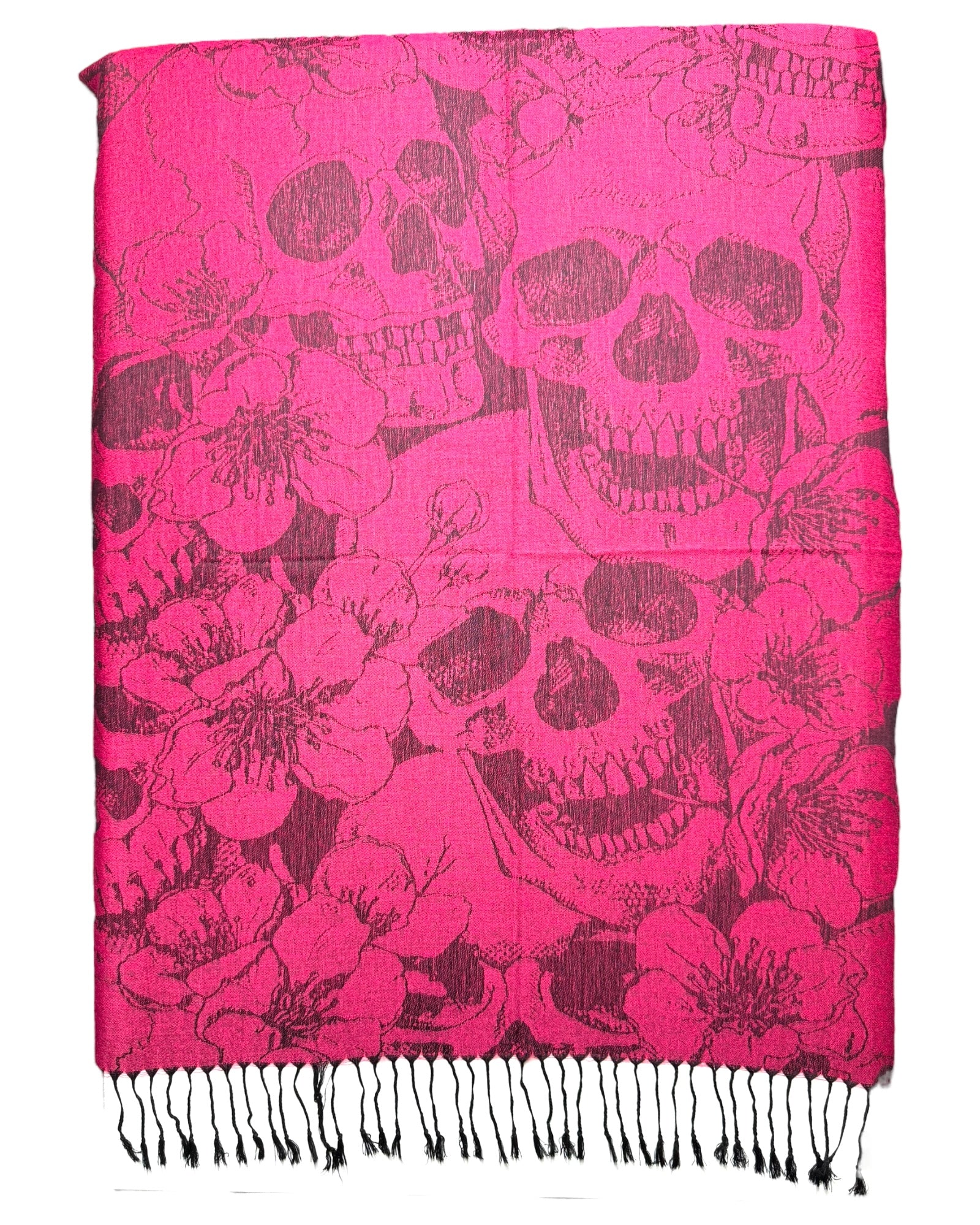 Hot Pink scarf with black skull and floral patterns on a white background