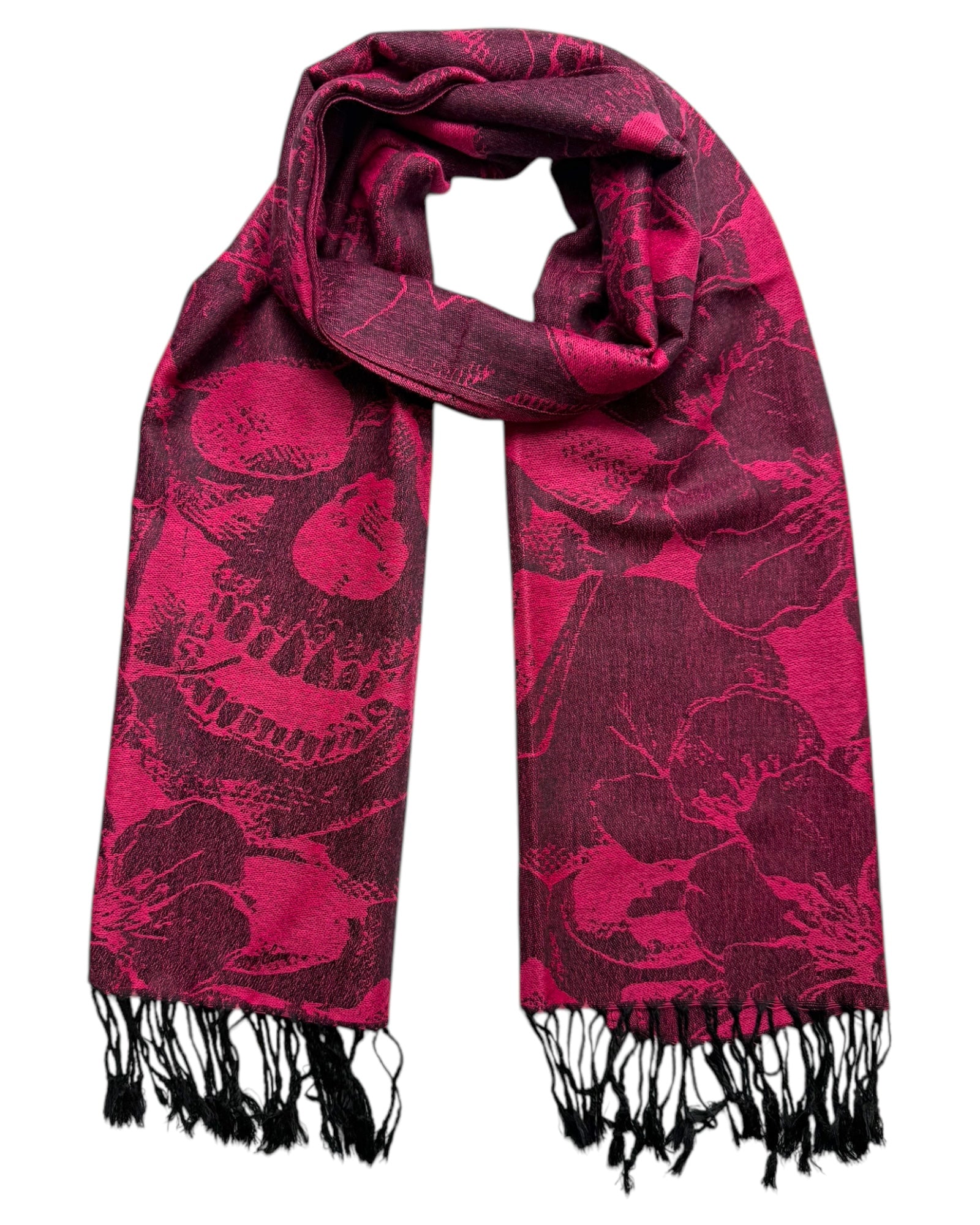 Hot Pink and black patterned skulls scarf with fringes on a white background