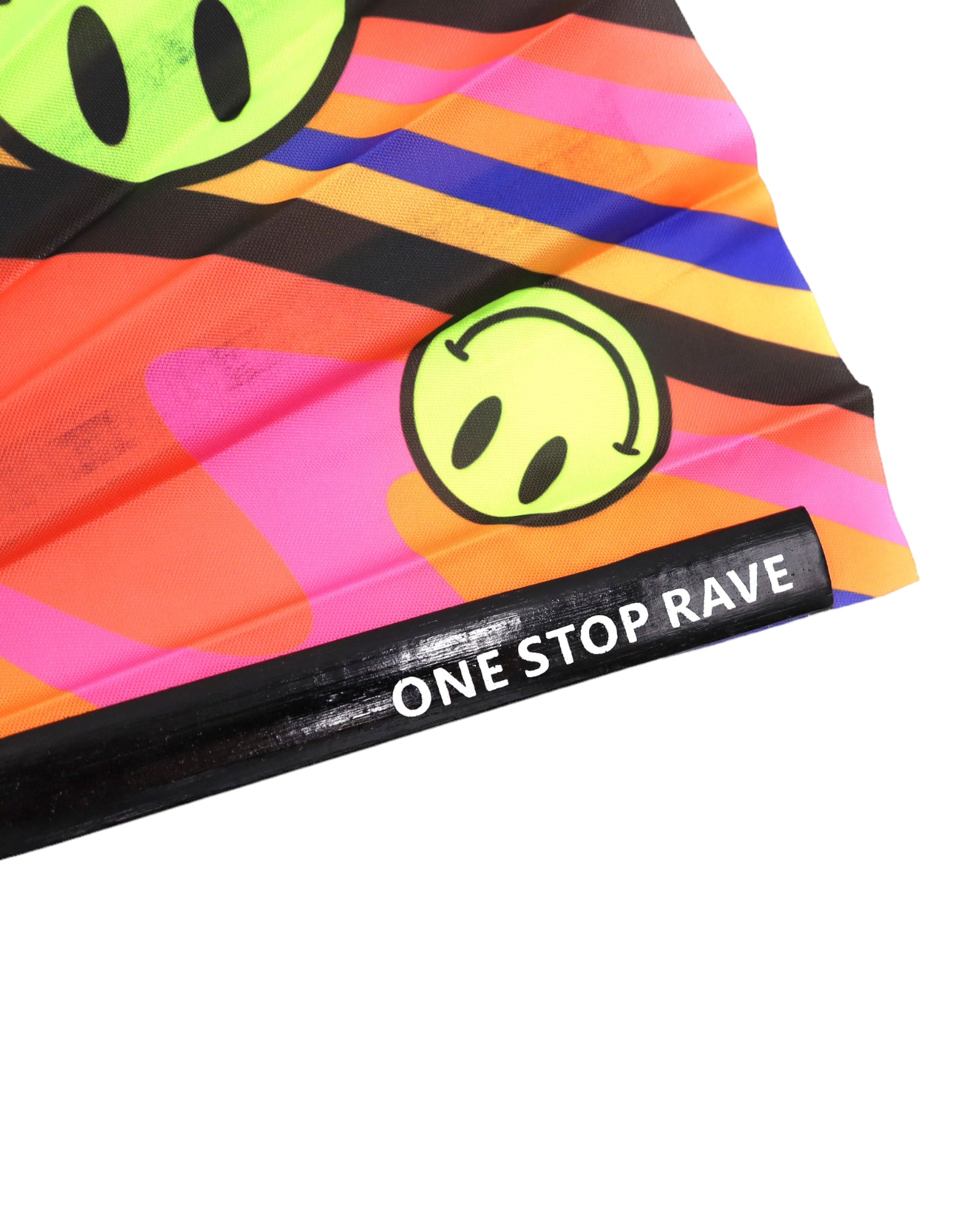 Up close shot of the house head hand fans rib with one stop rave painted on the rib