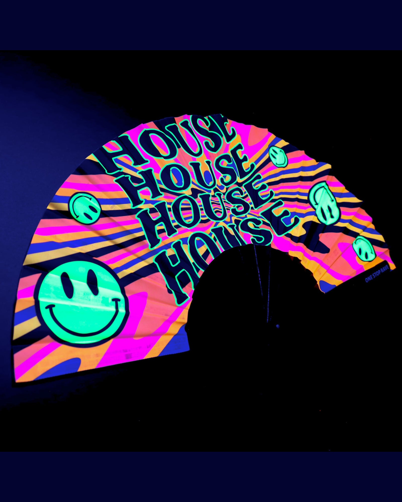 House Head hand fan angled view under blacklight.
