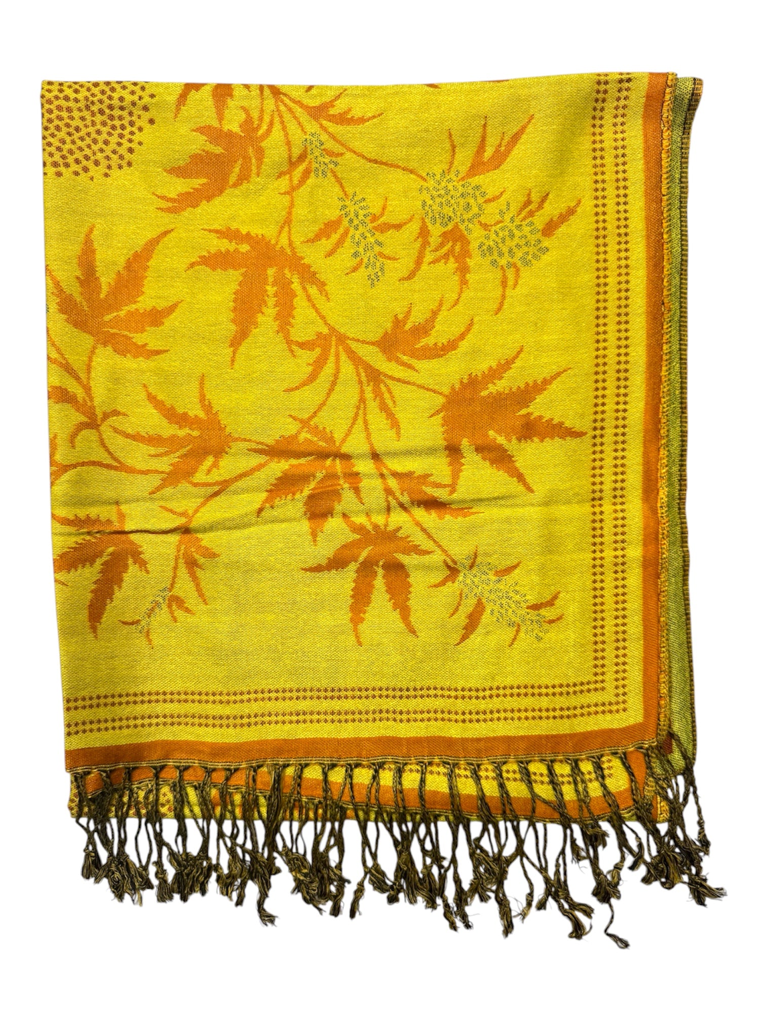 Yellow scarf with orange leaf pattern and fringes on a white background