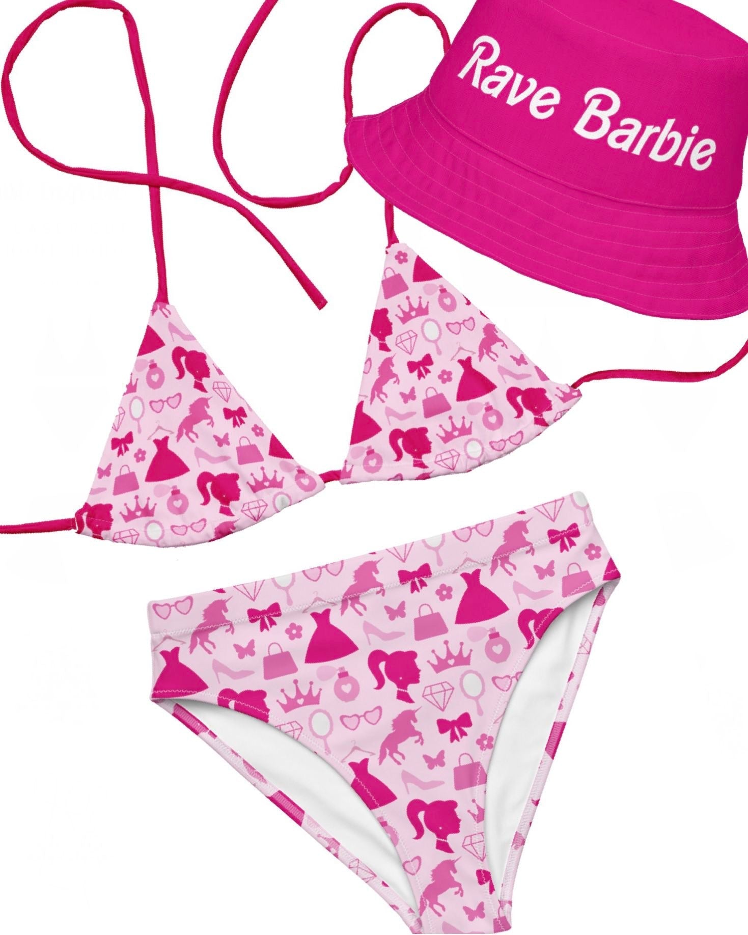 Rave Barbie Reversible Bucket Hat with the Let's Go Party String Bikini Top and High Waisted Bottoms