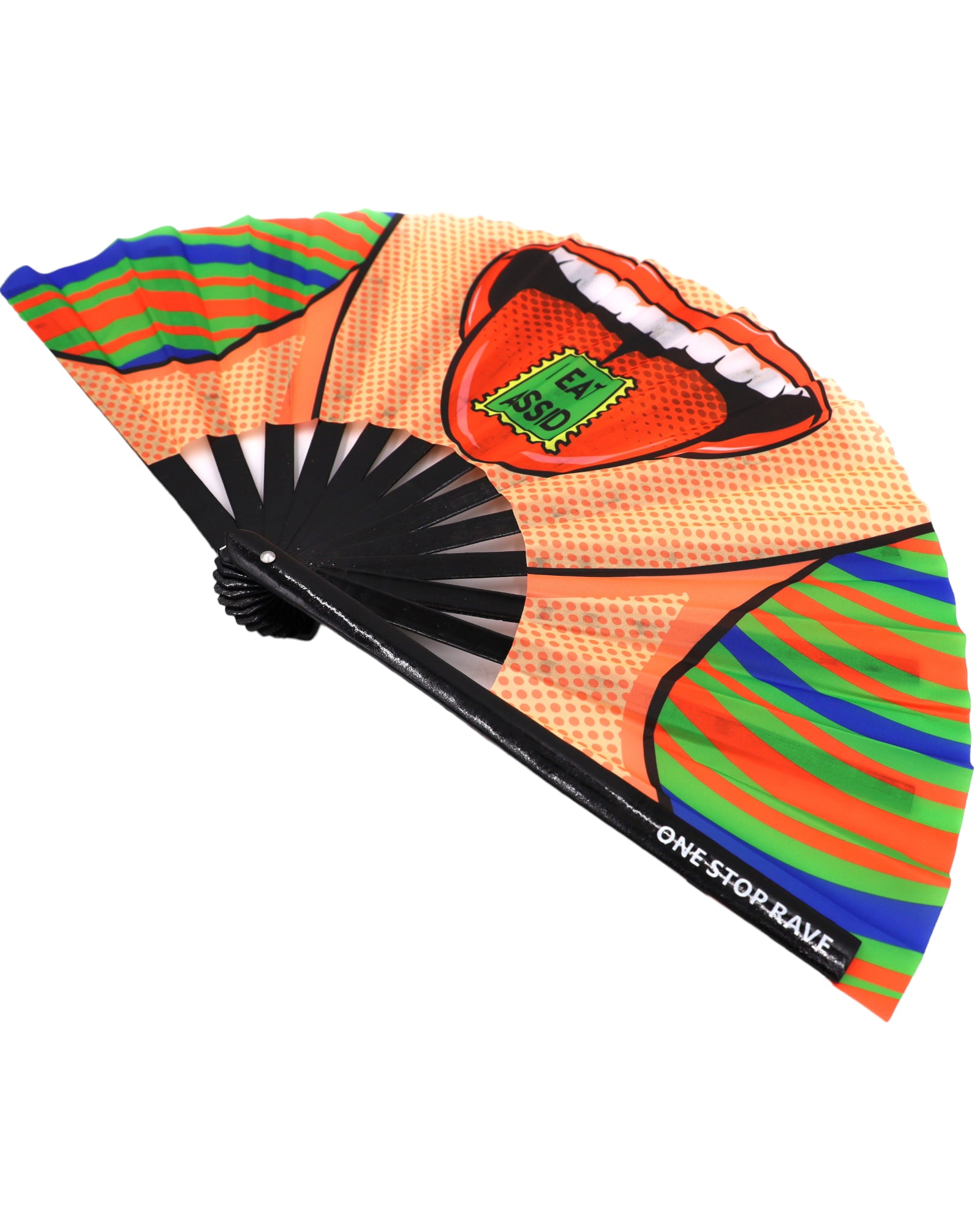 I Eat Assid hand fan angled view pop art design