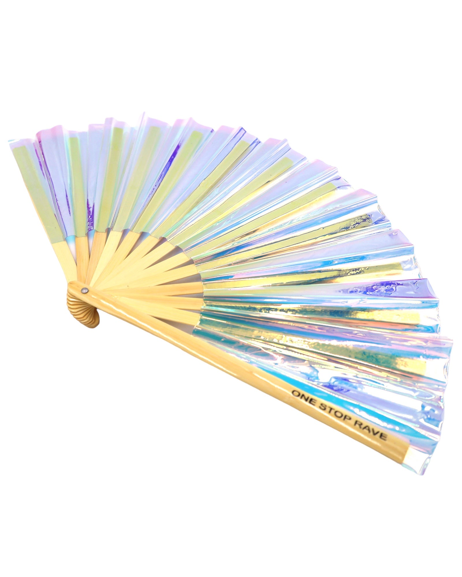 Iridescent vinyl hand fan open, showing holographic mushroom print and bamboo ribs.