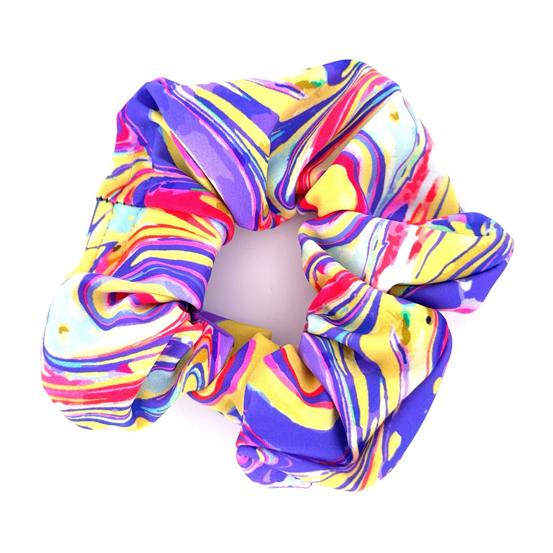 Colorful stash scrunchie with a white background