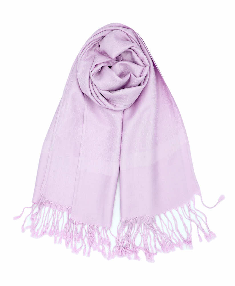 A lavender pashmina with a paisley pattern and fringes displayed on a plain background.