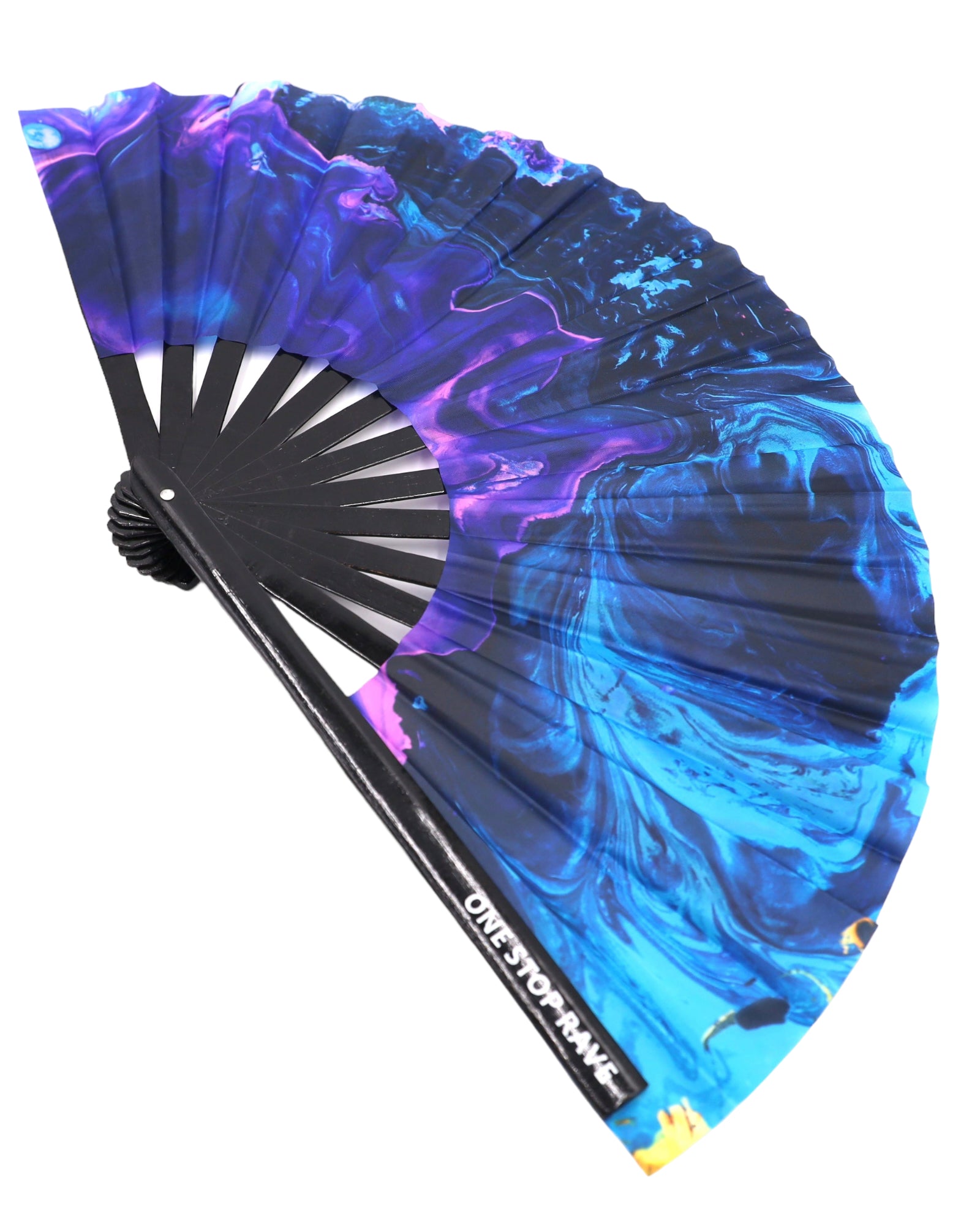Lucy hand fan angled view blue purple marble pattern
