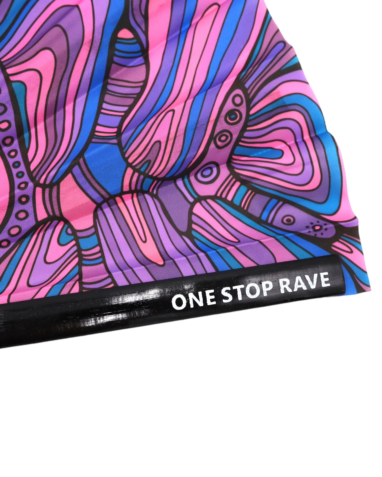 Mind Bender hand fan UV-Reactive detail close up of One Stop Rave on the rib.