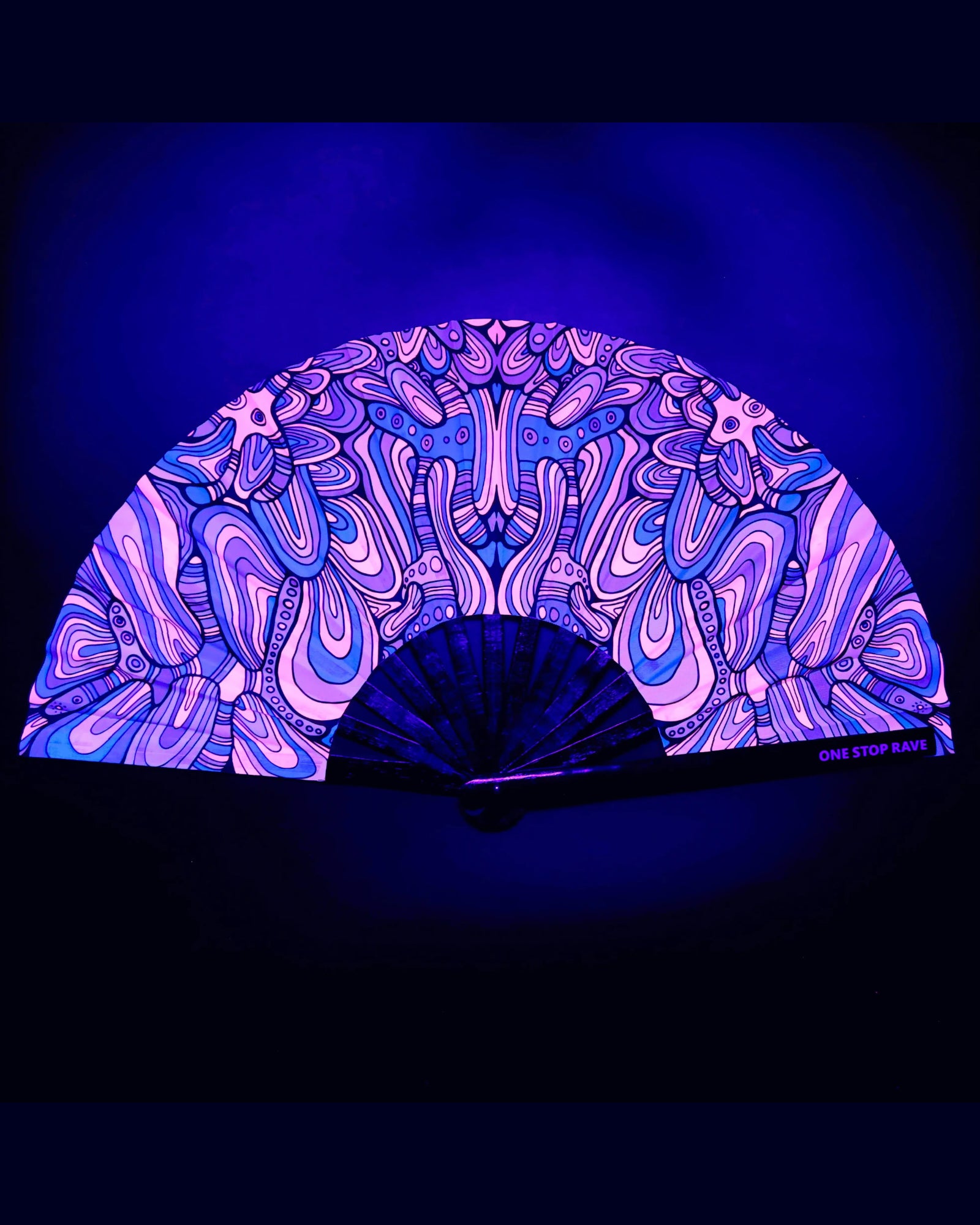 Mind Bender hand fan glowing deep purple blue under blacklight UV-Reactive