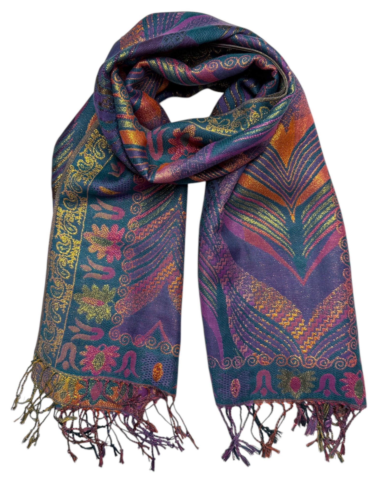 Colorful patterned scarf with fringes on a white background