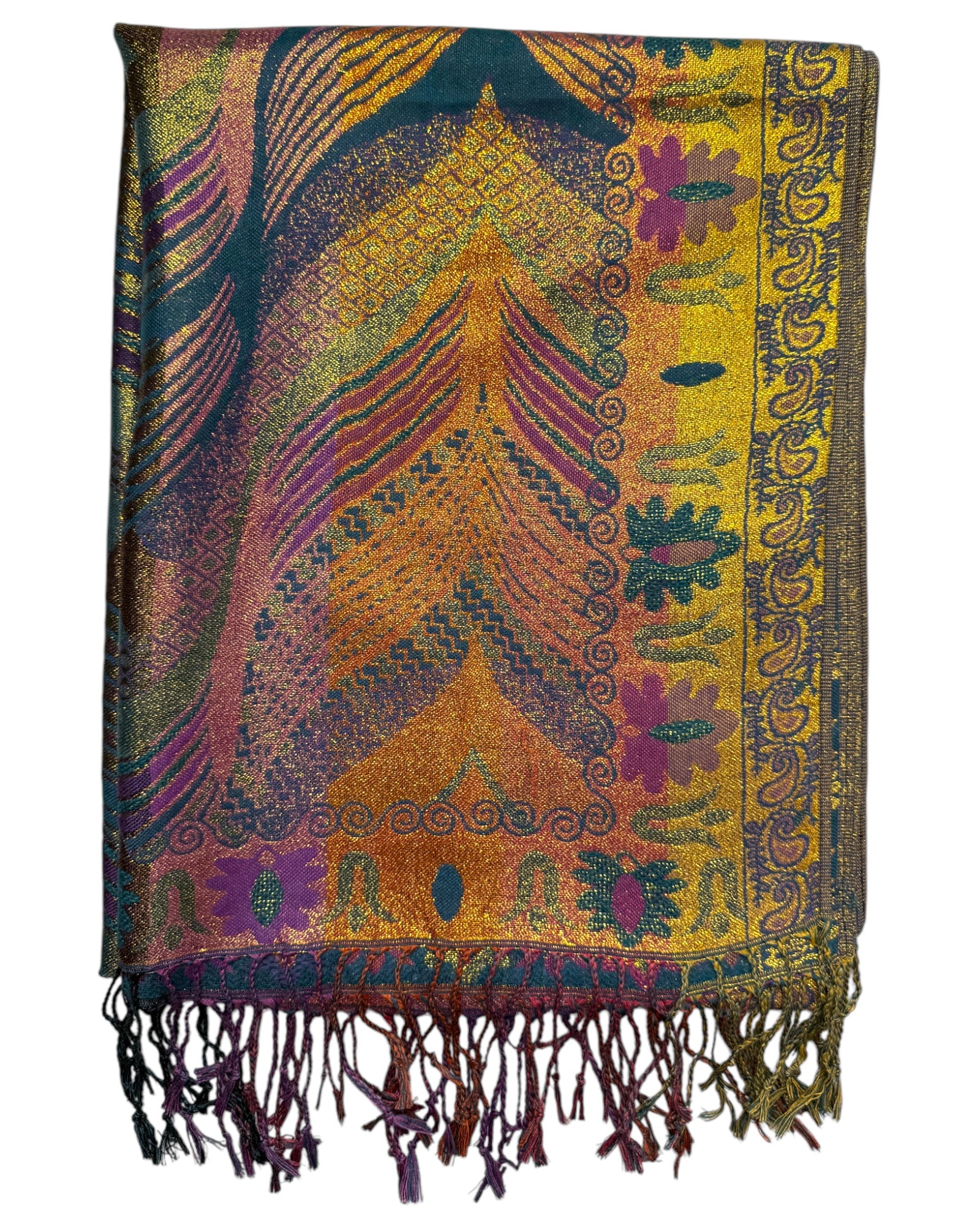 Colorful patterned shawl with fringes on a white background