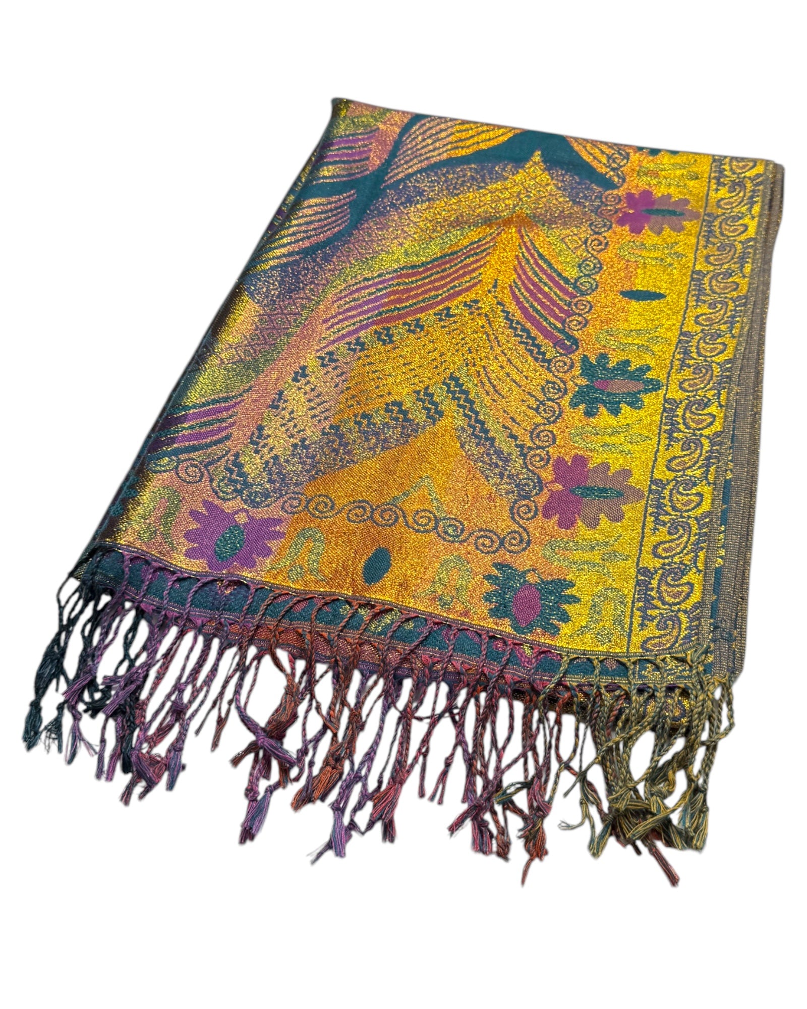 Colorful patterned scarf with fringes on a white background