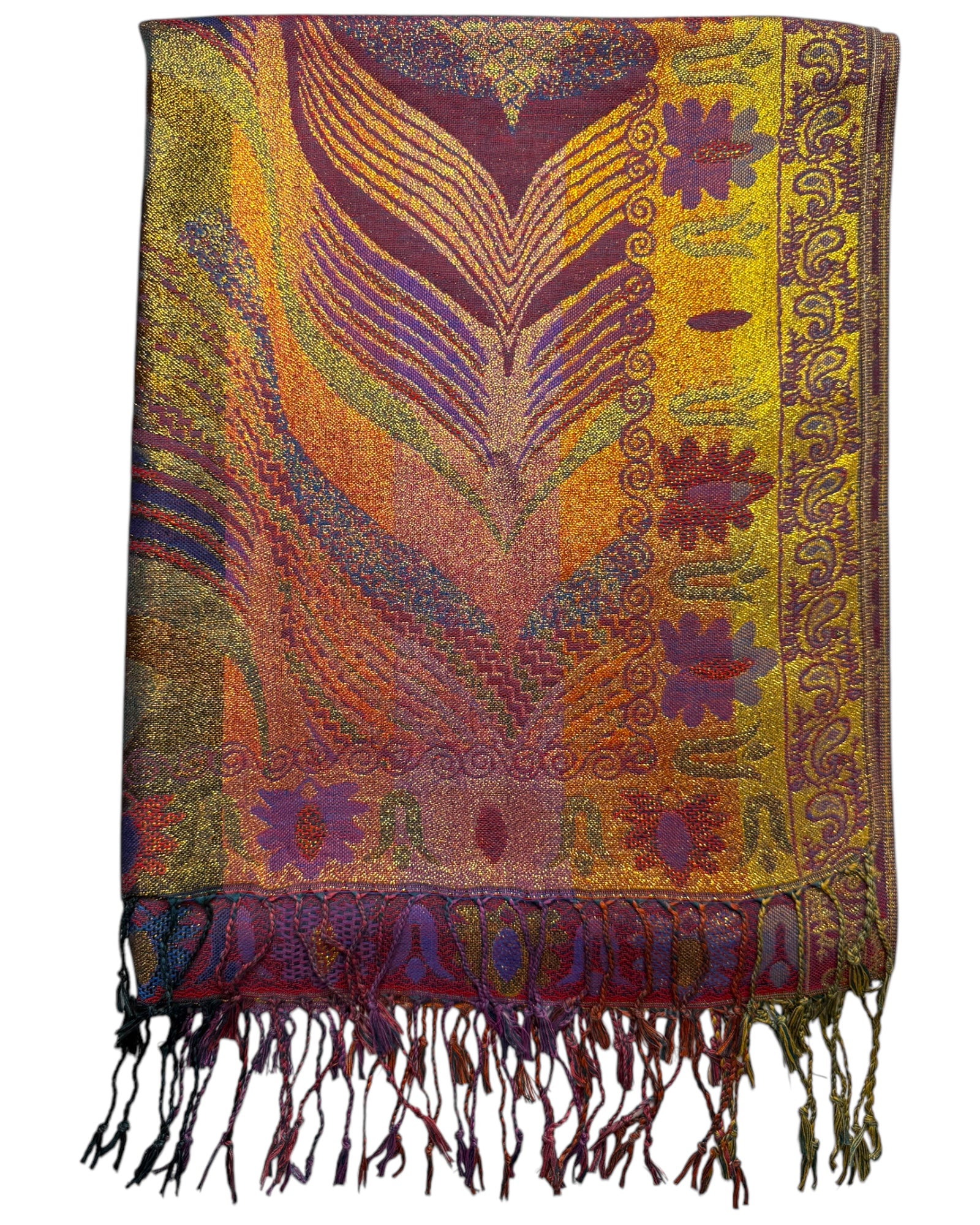 A reversible pashmina featuring one side with deep purples and the other with golden hues, both adorned with intricate floral and geometric patterns.