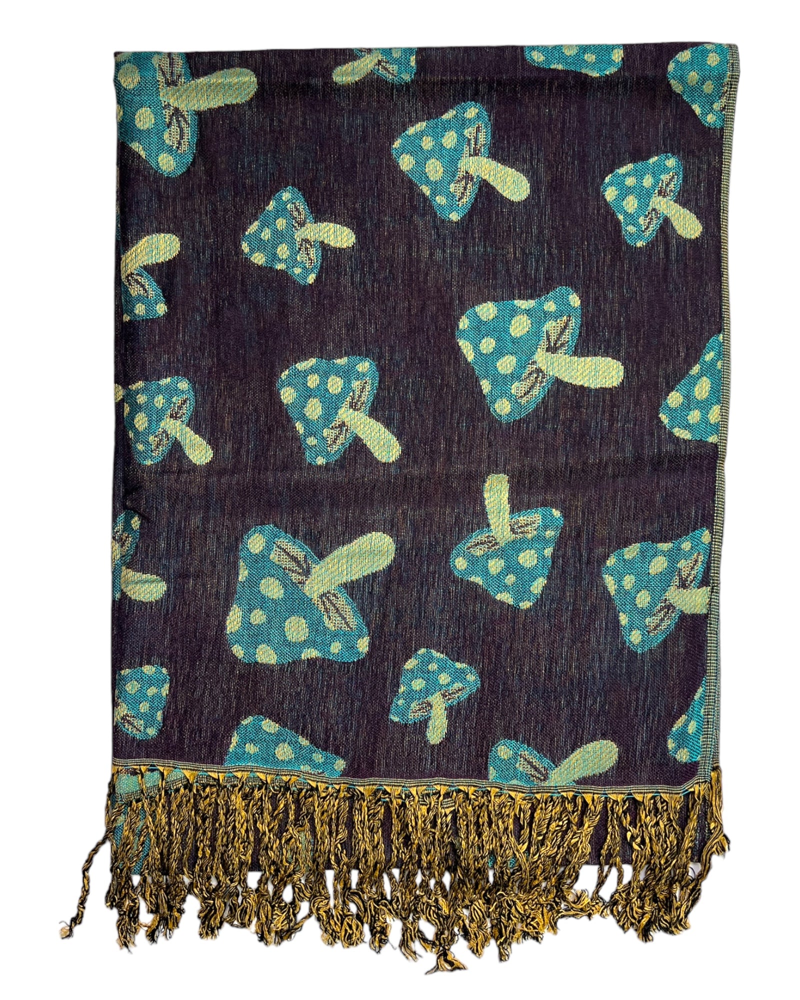 A navy and teal reversible pashmina with a mushroom pattern, displaying fringes on the ends.
