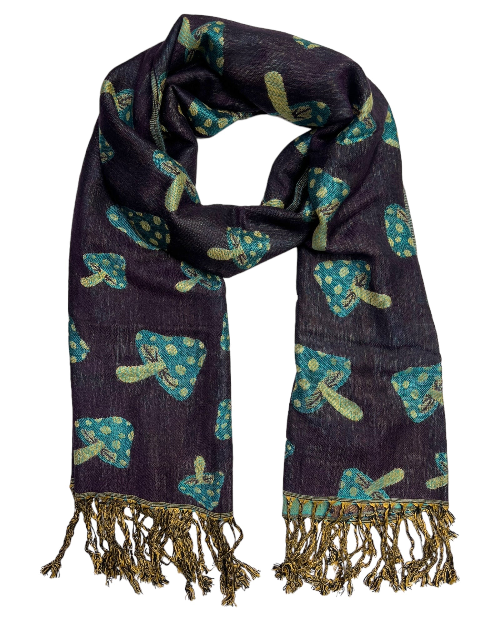 A navy and teal reversible pashmina with a mushroom pattern, displaying fringes on the ends.