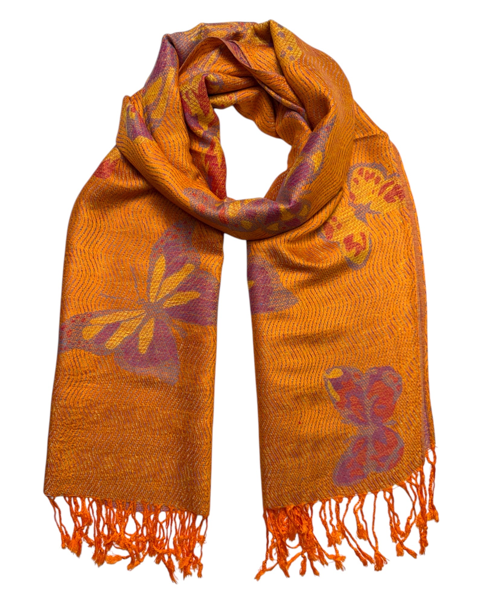Orange pashmina scarf with butterfly patterns on a white background
