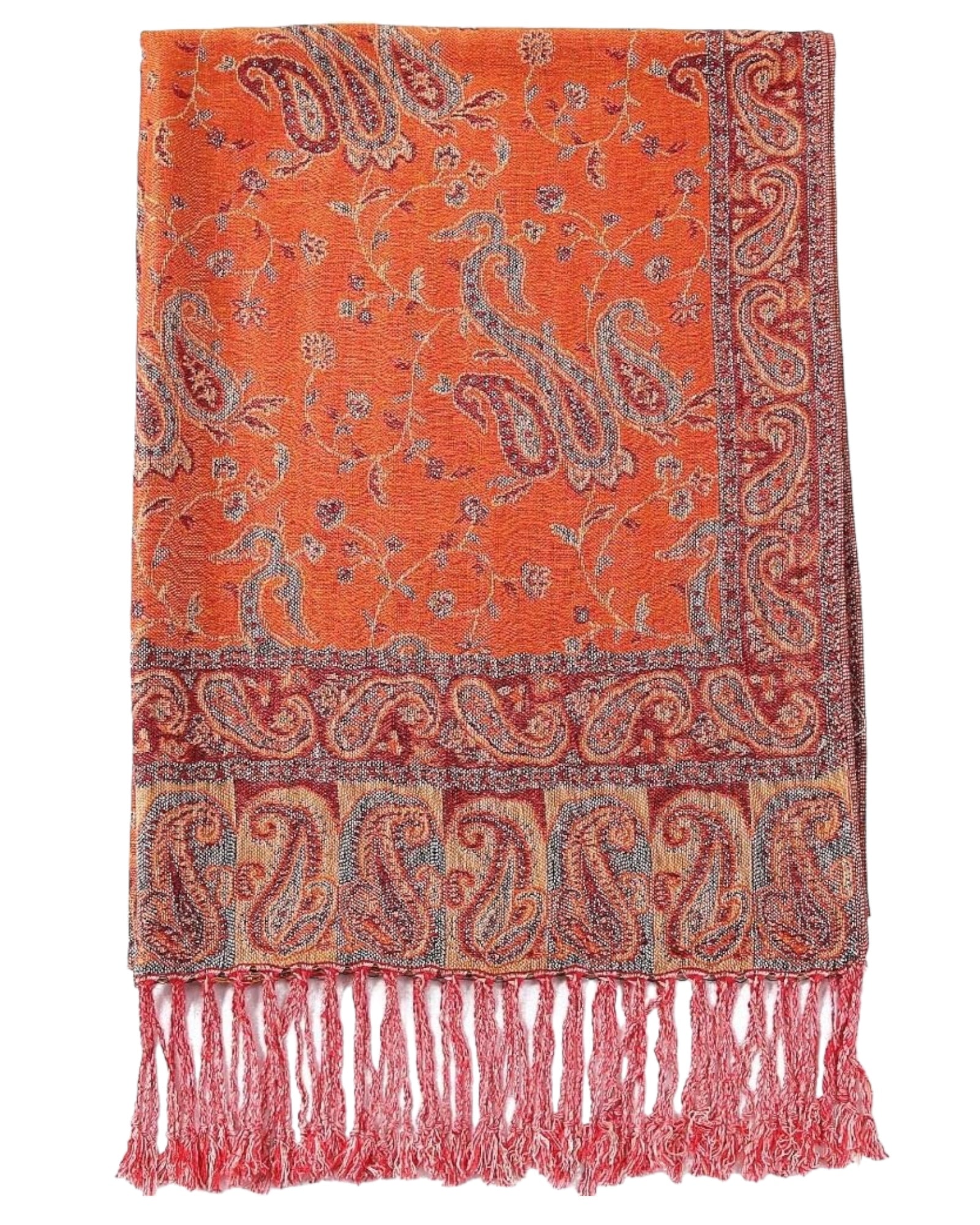 A reversible orange pashmina with paisley patterns and fringes, displayed on a plain background.