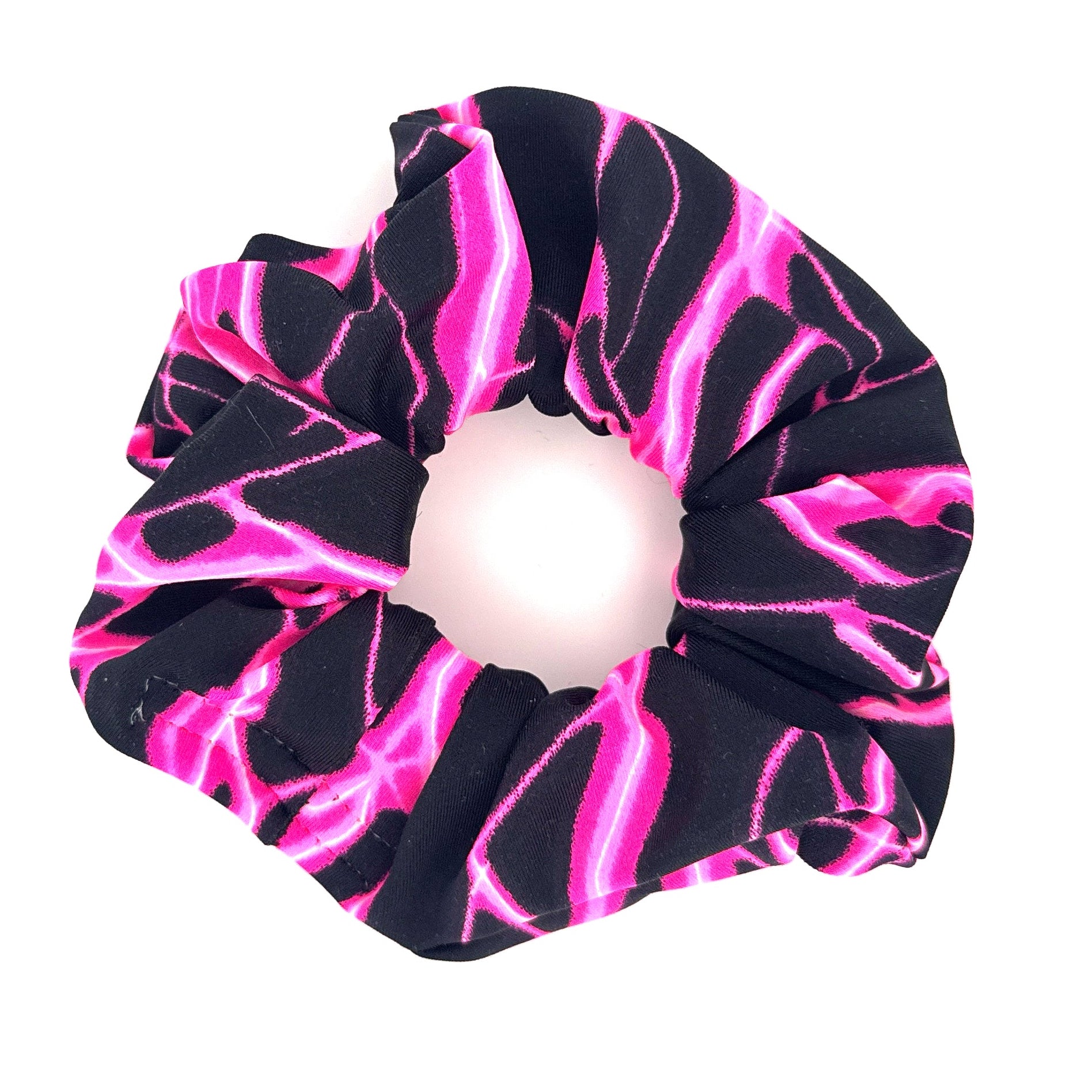 Black and pink stash scrunchie on a white background