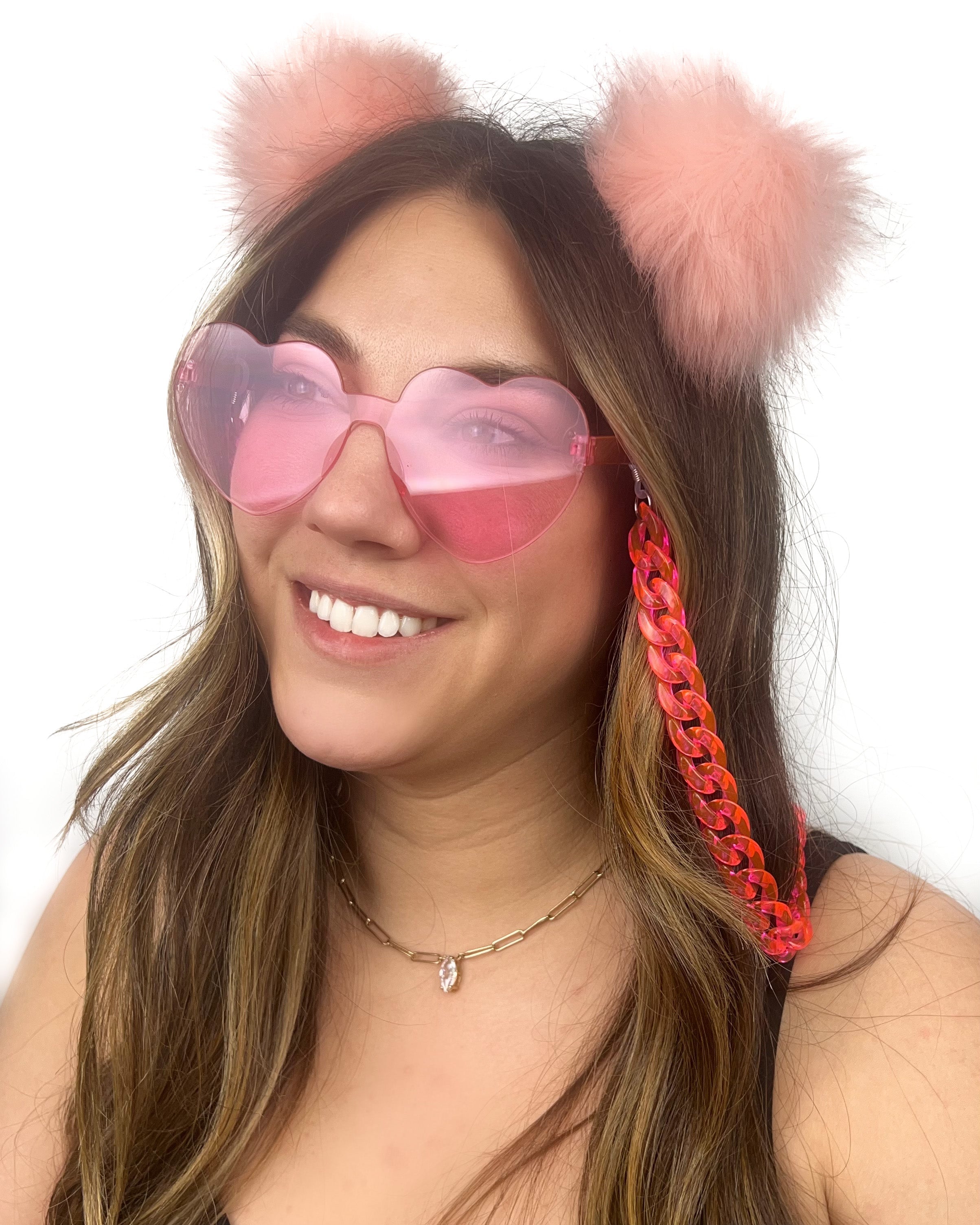 Pink heart sunglasses worn at festival with pink fluffy ears (Space Bunz)