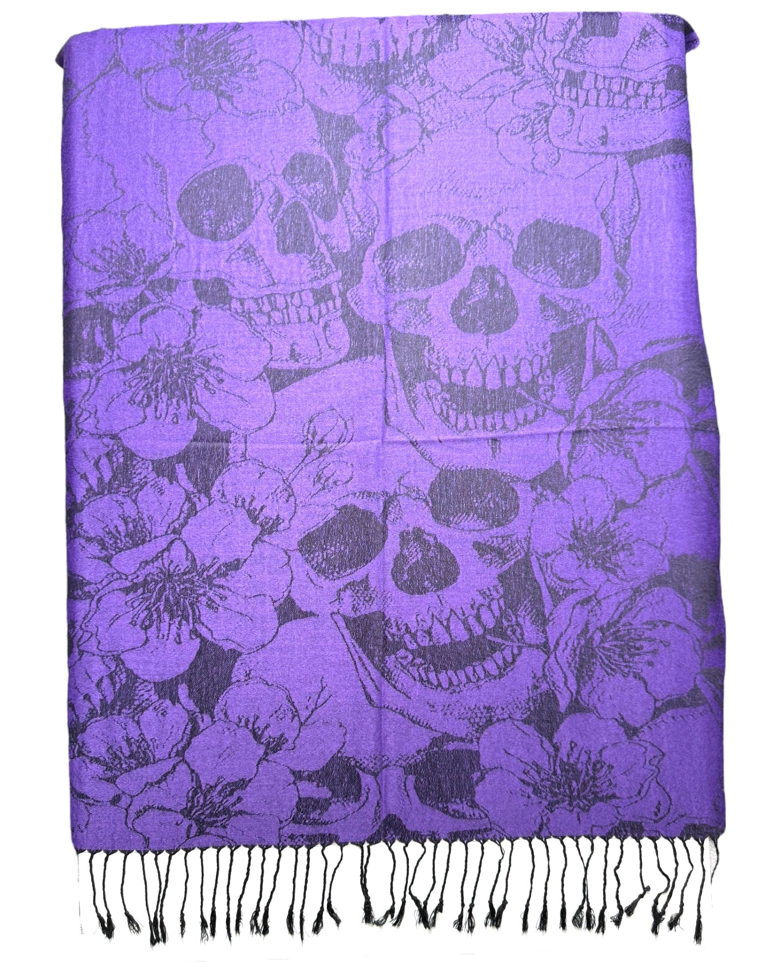 Purple scarf with skull and floral pattern on a white background