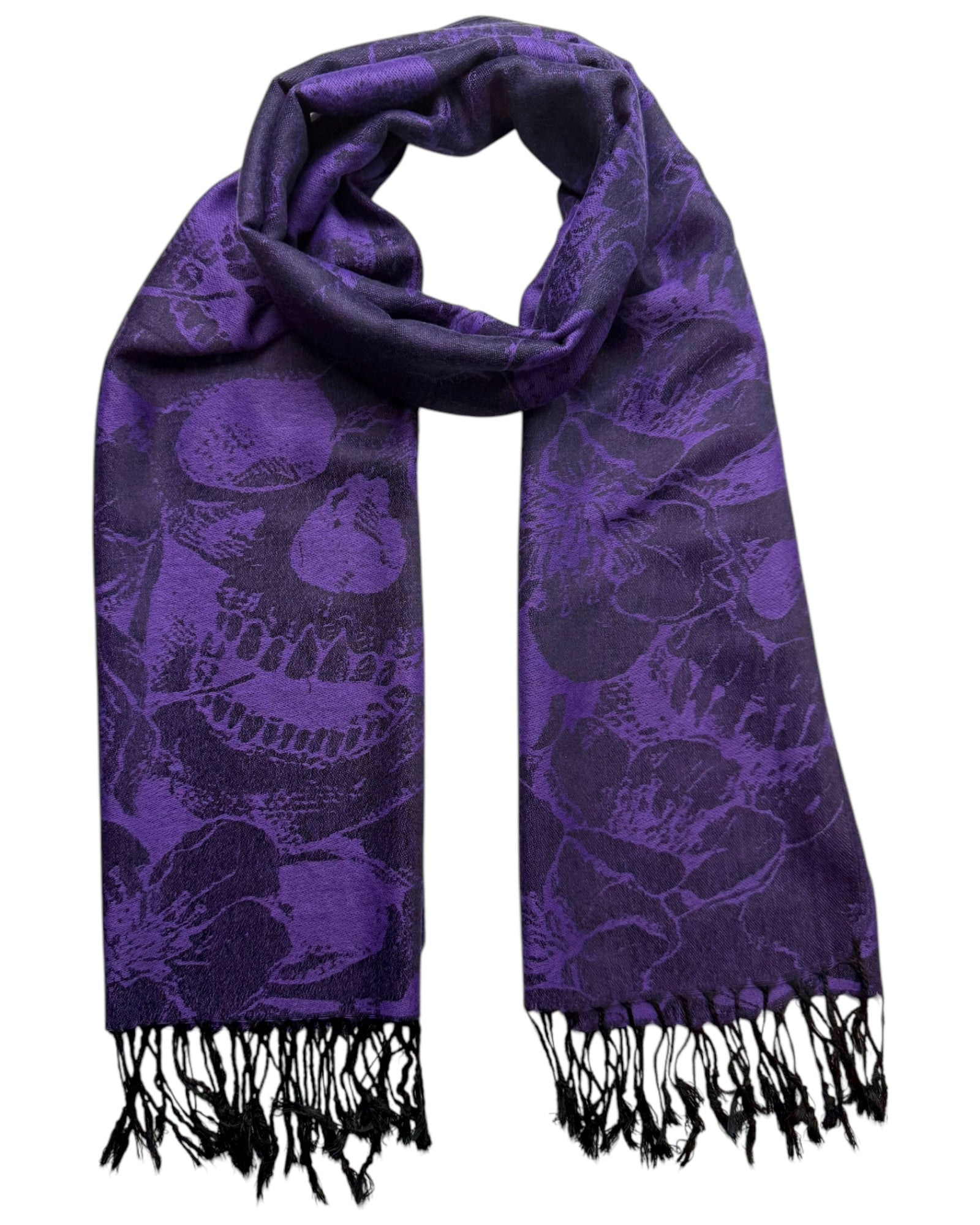 Purple scarf with black skull pattern on a white background