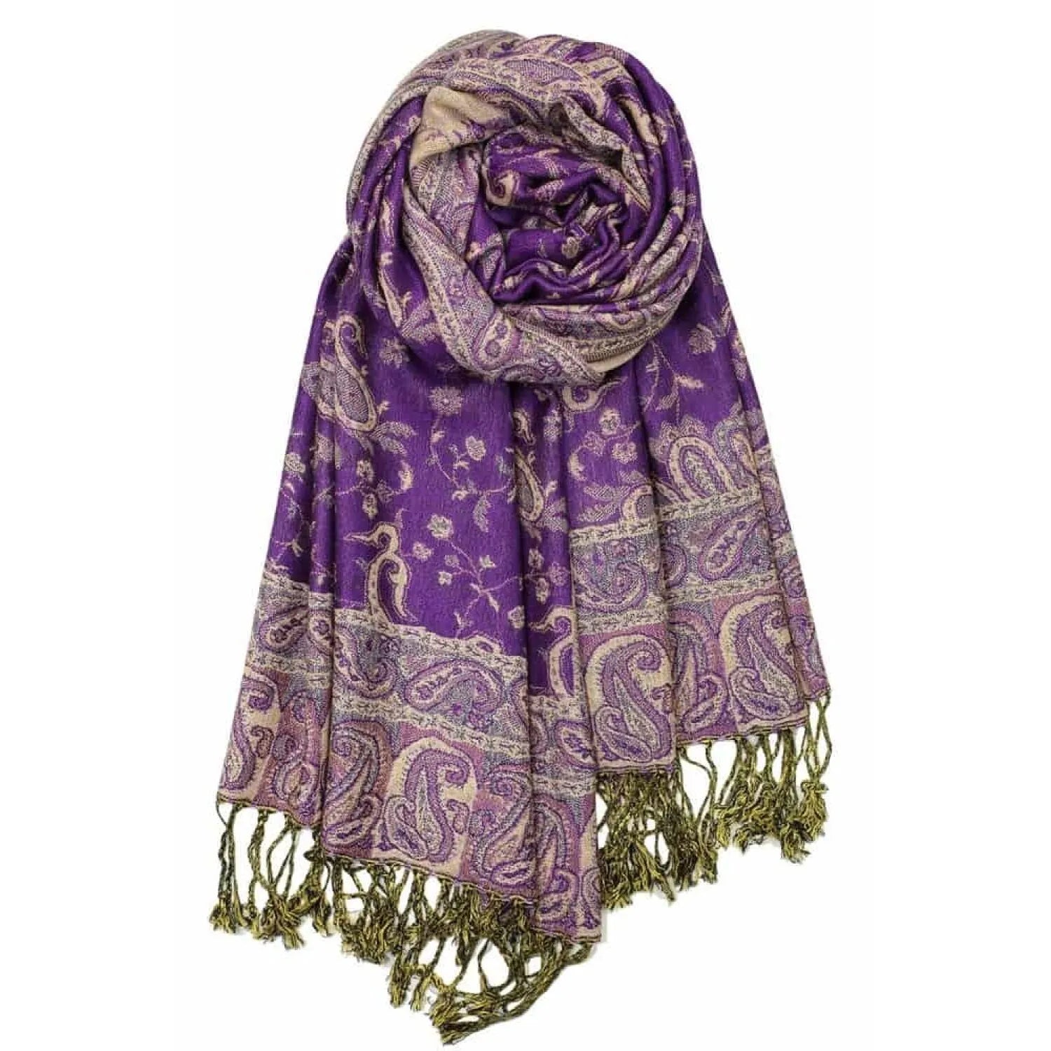 A purple reversible pashmina with paisley print and fringes, displayed in a draped fashion.