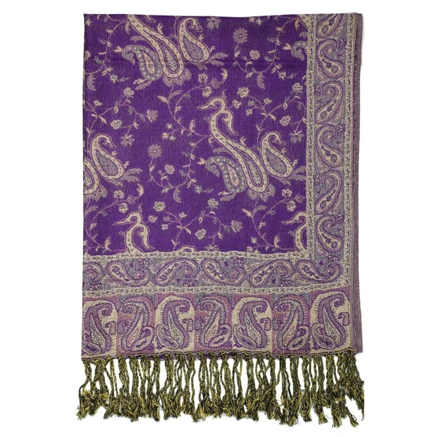 A purple reversible pashmina with paisley print and fringes, displayed in a draped fashion.