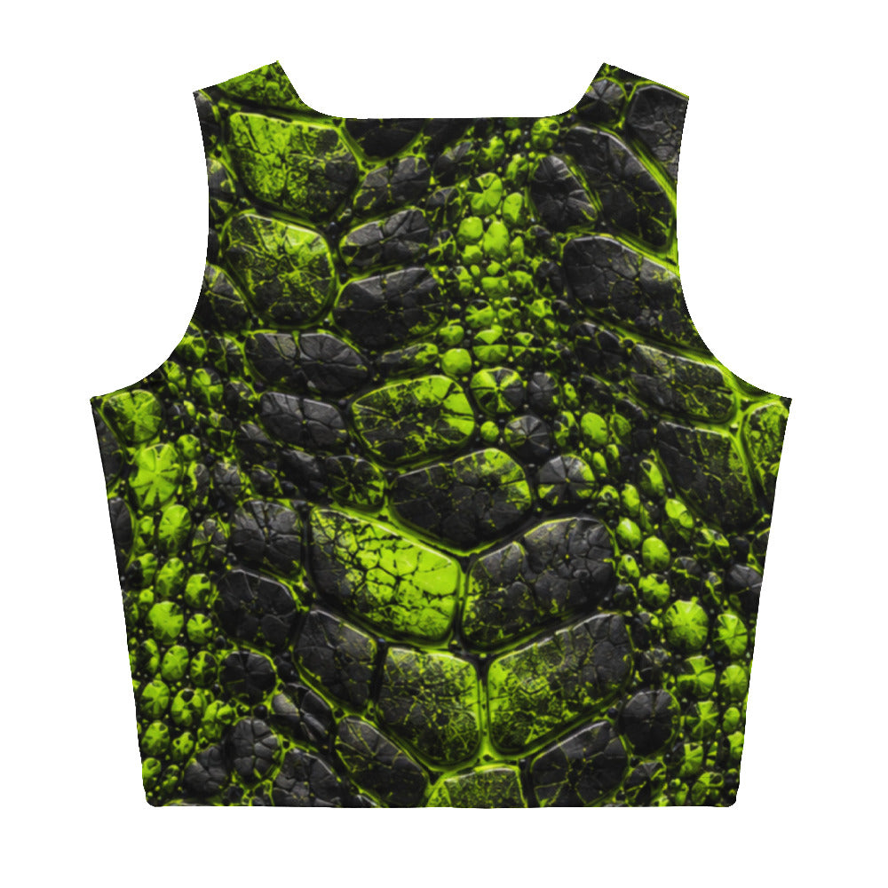 Ravage Crop Top back view with black and neon green cracked prehistoric-textured print.