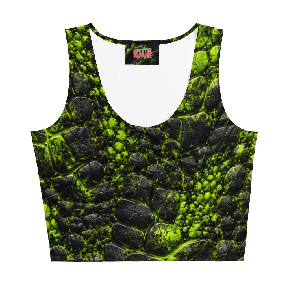 Green and black cracked prehistoric-texture crop top with scoop neckline, front view on white background.